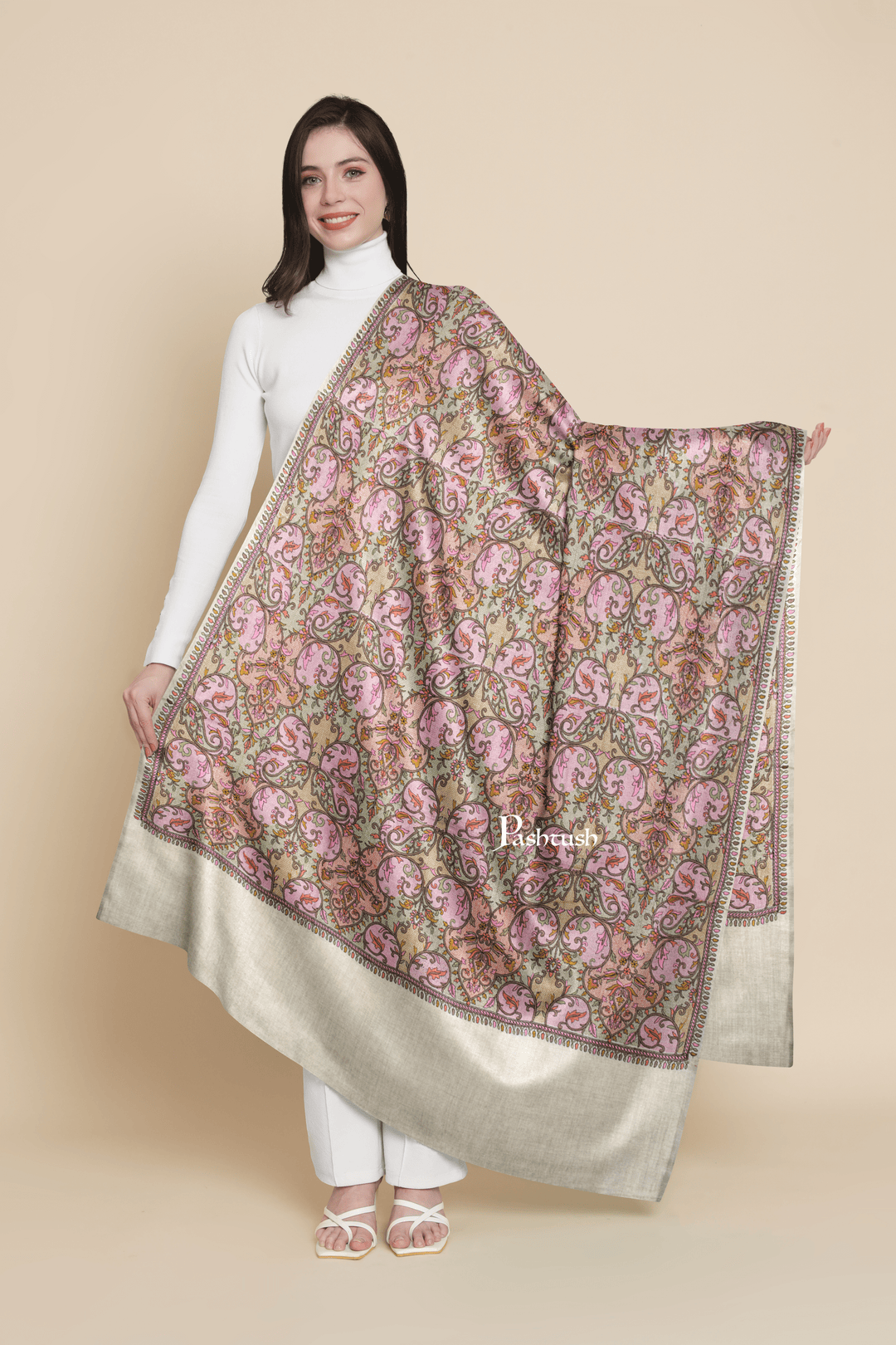 Pashtush India Womens Shawls Pashtush Womens Extra Fine Wool Shawl, Silky Embroidery Kashmiri Jaal Design, Beige And Blue