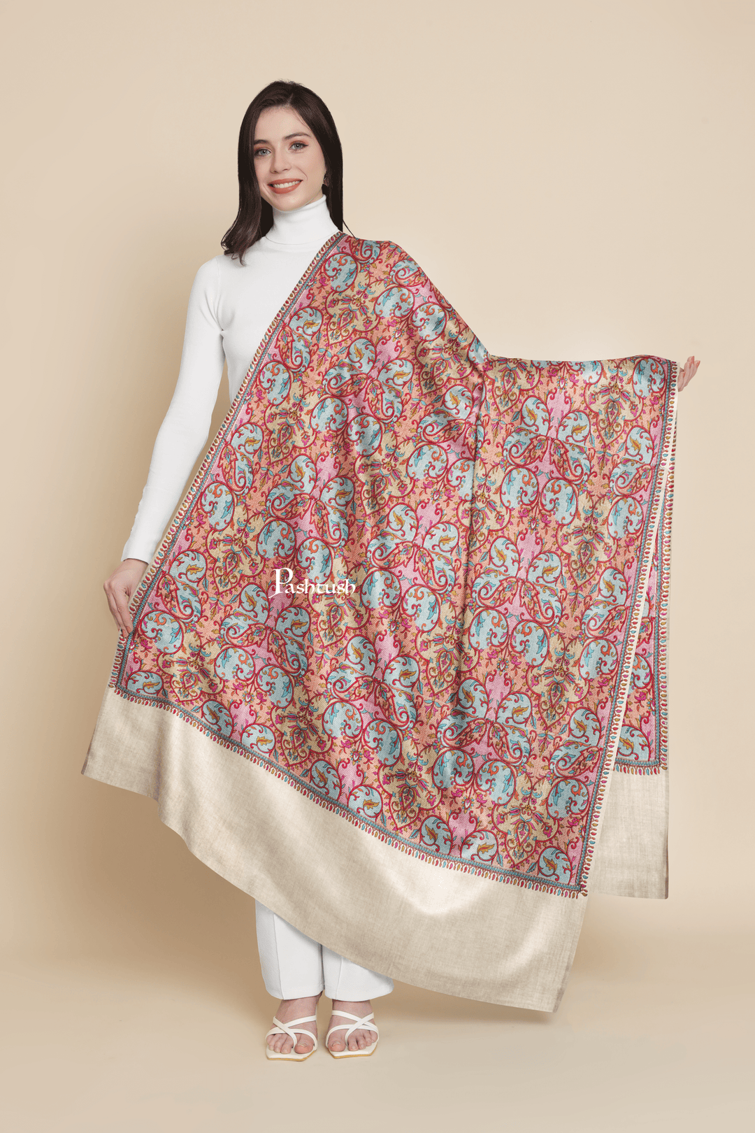 Pashtush India Womens Shawls Pashtush Womens Extra Fine Wool Shawl, Silky Embroidery Kashmiri Jaal Design, Multicolour