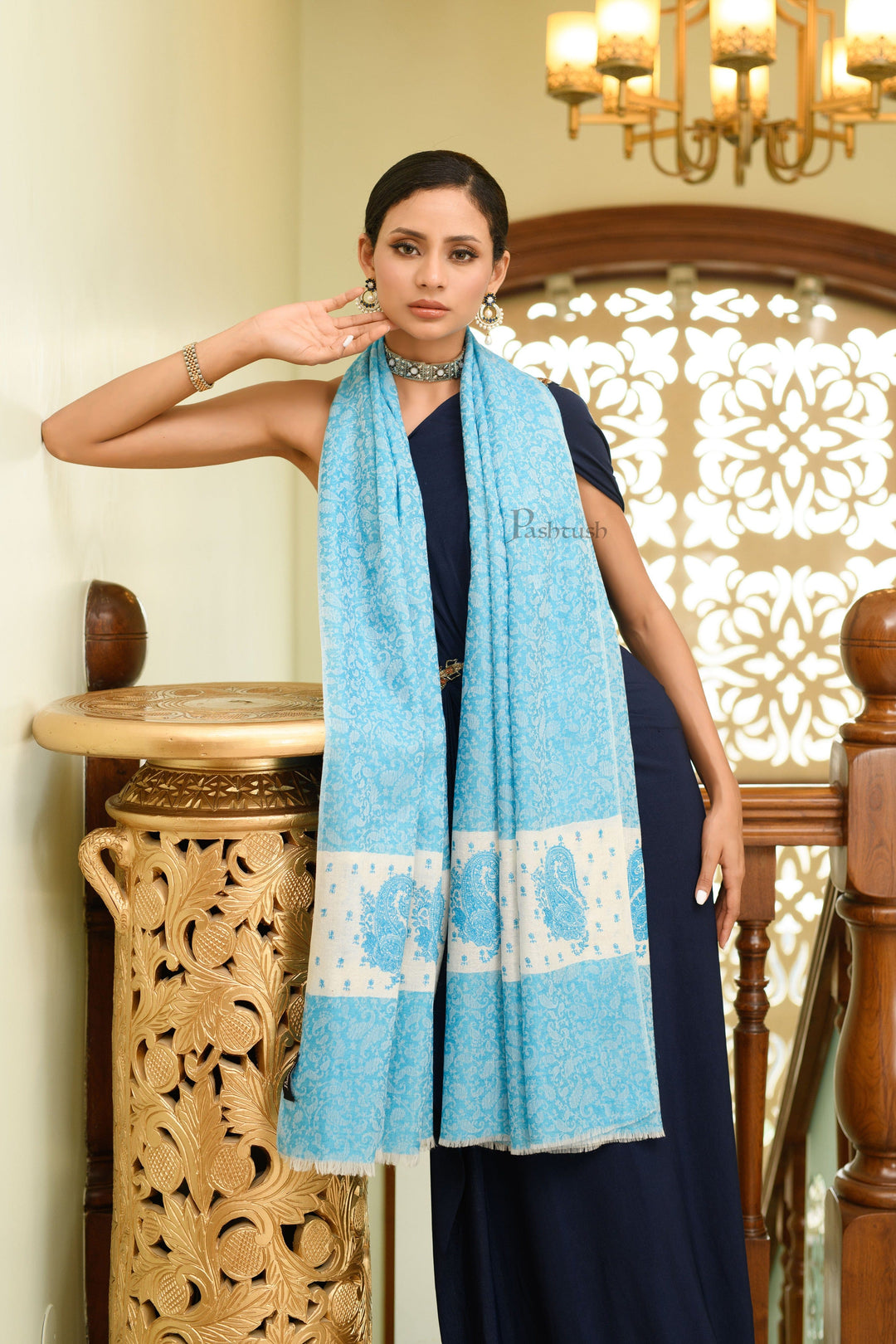 Pashtush India Womens Shawls Pashtush Womens Extra Fine Wool Shawl, Soft Tone On Tone Embroidery Design, Blue