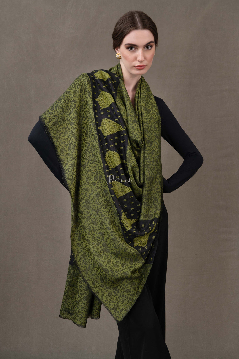 Pashtush India Womens Shawls Pashtush Womens Extra Fine Wool Shawl, Soft Tone On Tone Embroidery Design, Green