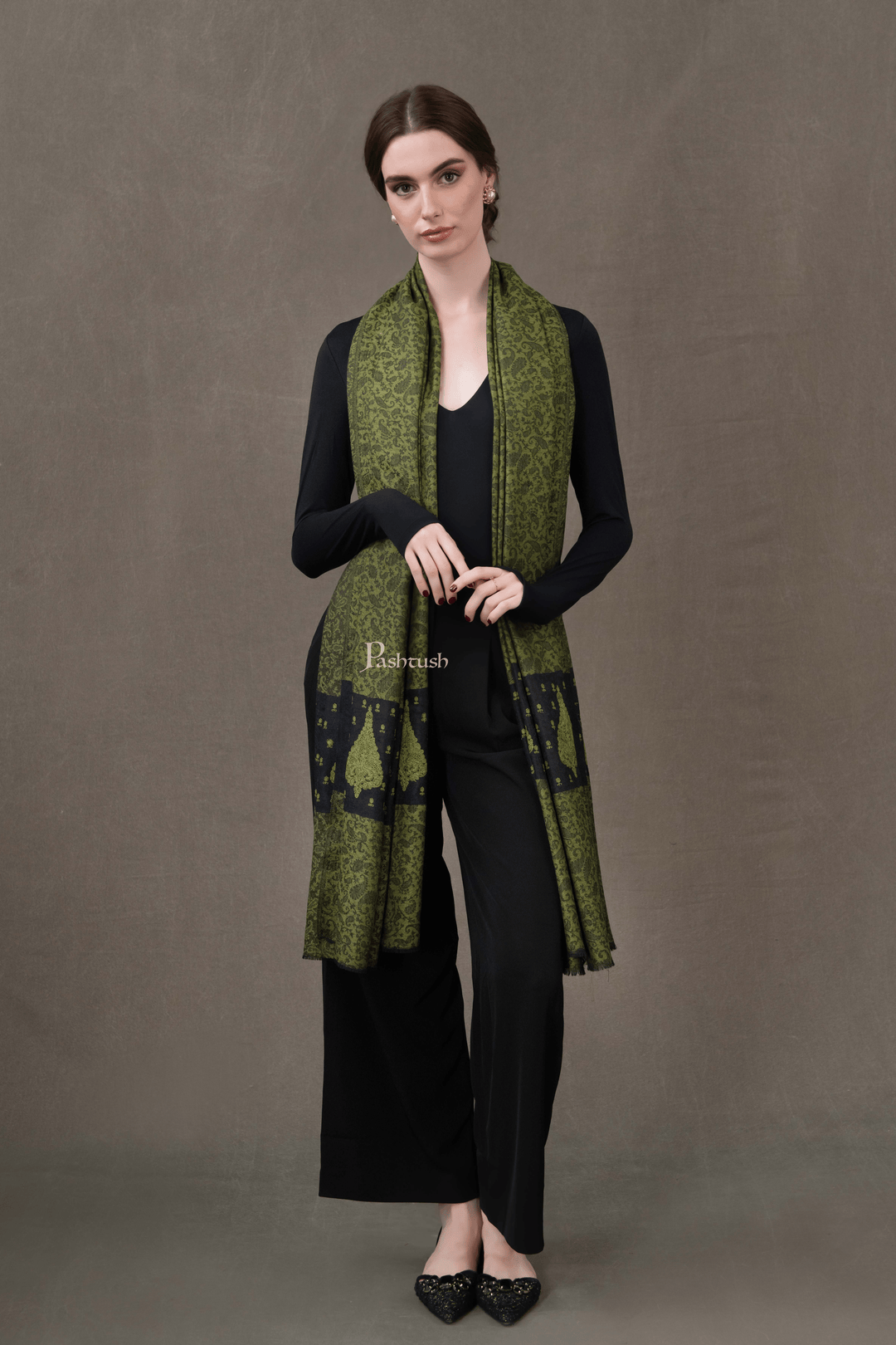 Pashtush India Womens Shawls Pashtush Womens Extra Fine Wool Shawl, Soft Tone On Tone Embroidery Design, Green