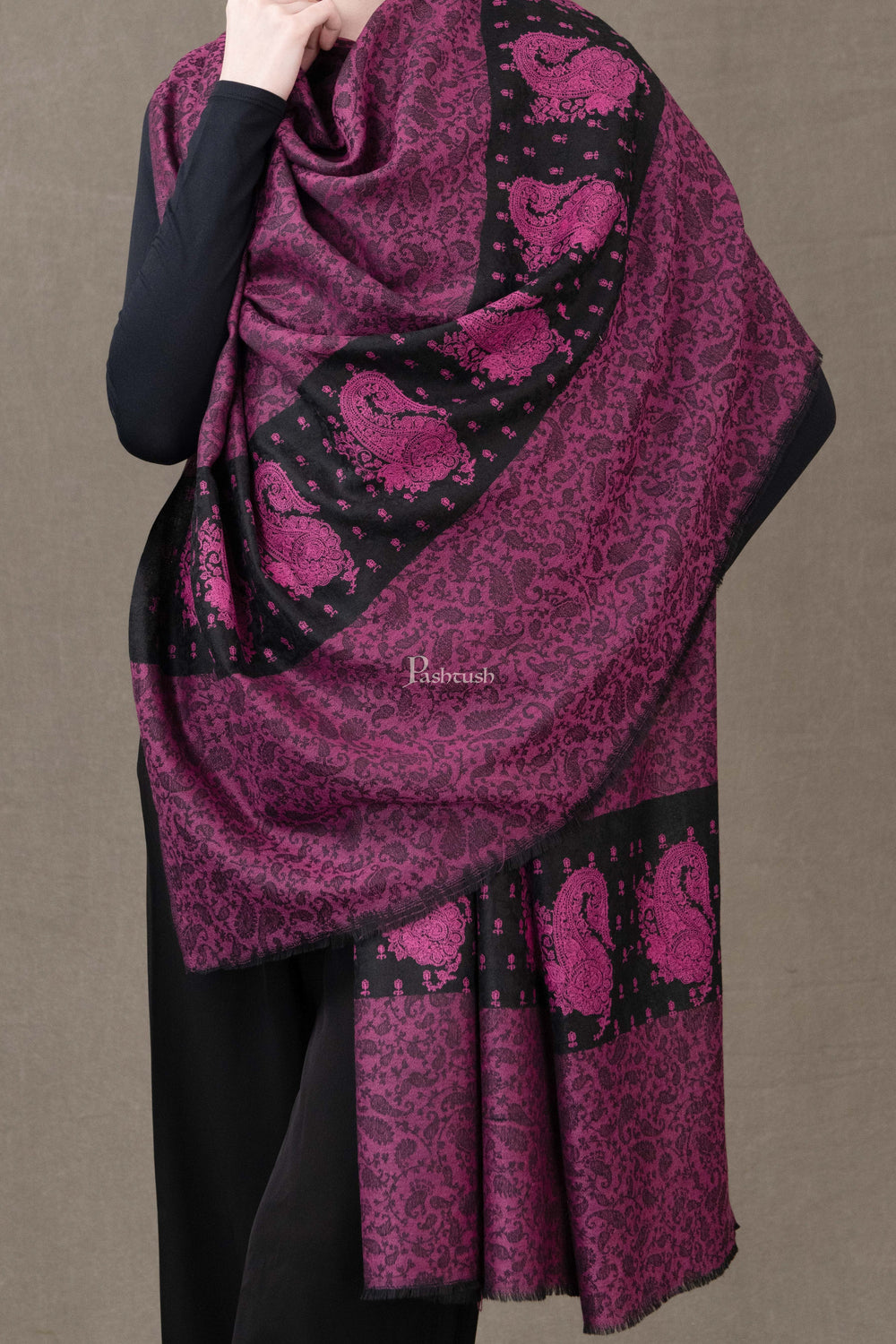 Pashtush India Womens Shawls Pashtush Womens Extra Fine Wool Shawl, Soft Tone On Tone Embroidery Design, Maroon