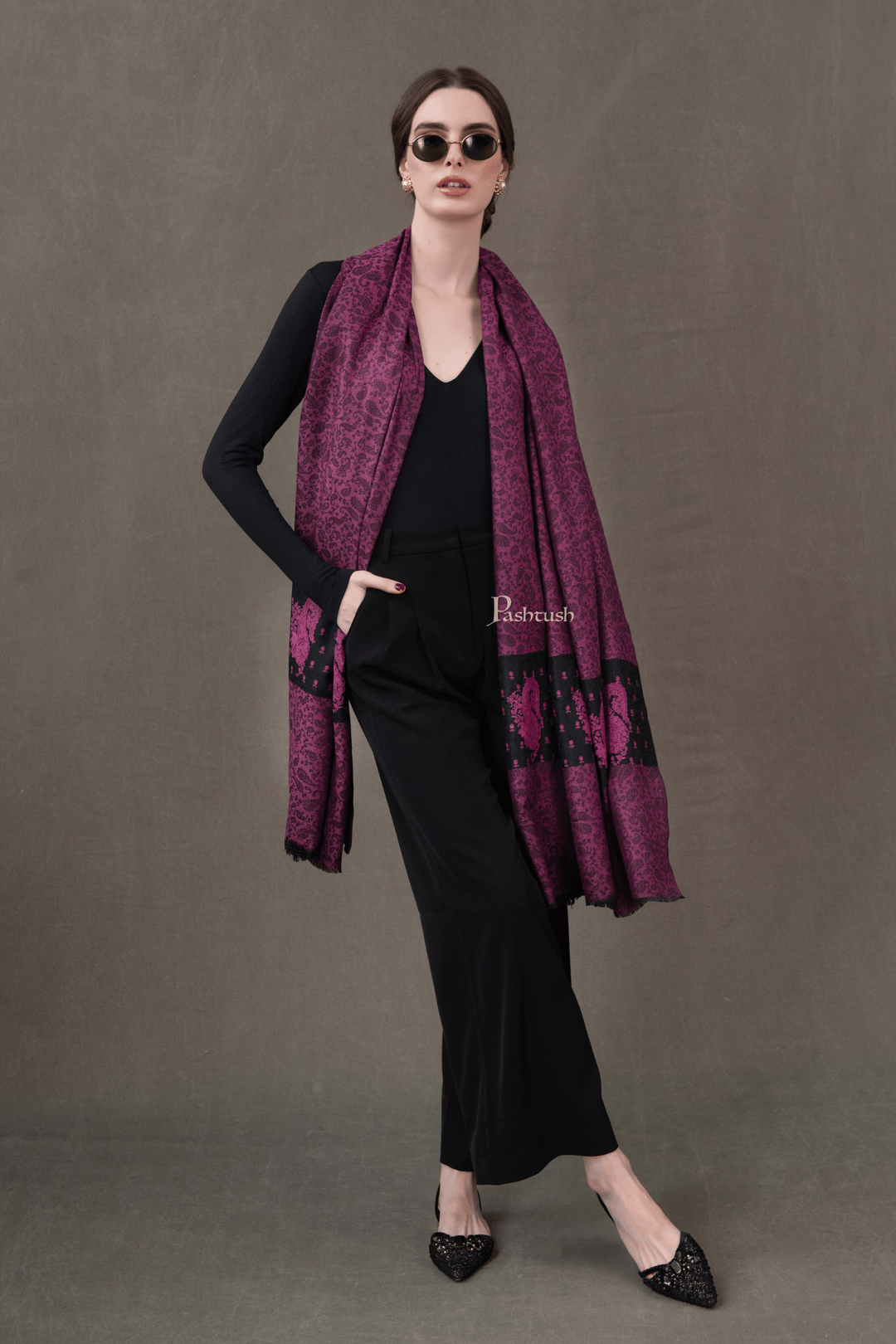 Pashtush India Womens Shawls Pashtush Womens Extra Fine Wool Shawl, Soft Tone On Tone Embroidery Design, Maroon