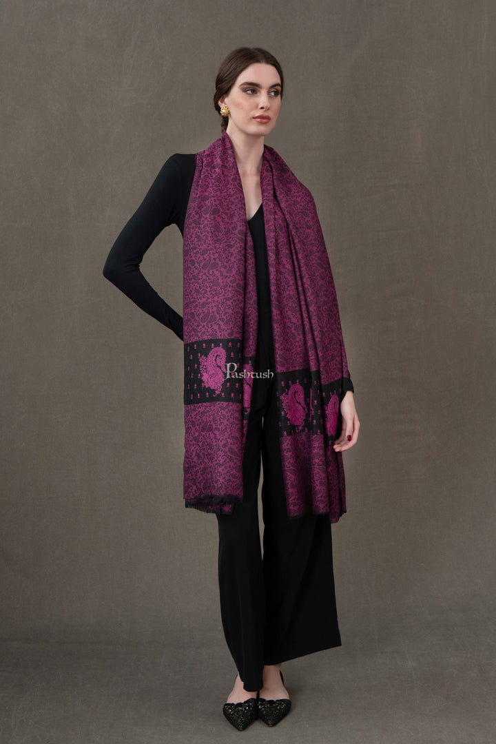Pashtush India Womens Shawls Pashtush Womens Extra Fine Wool Shawl, Soft Tone On Tone Embroidery Design, Maroon