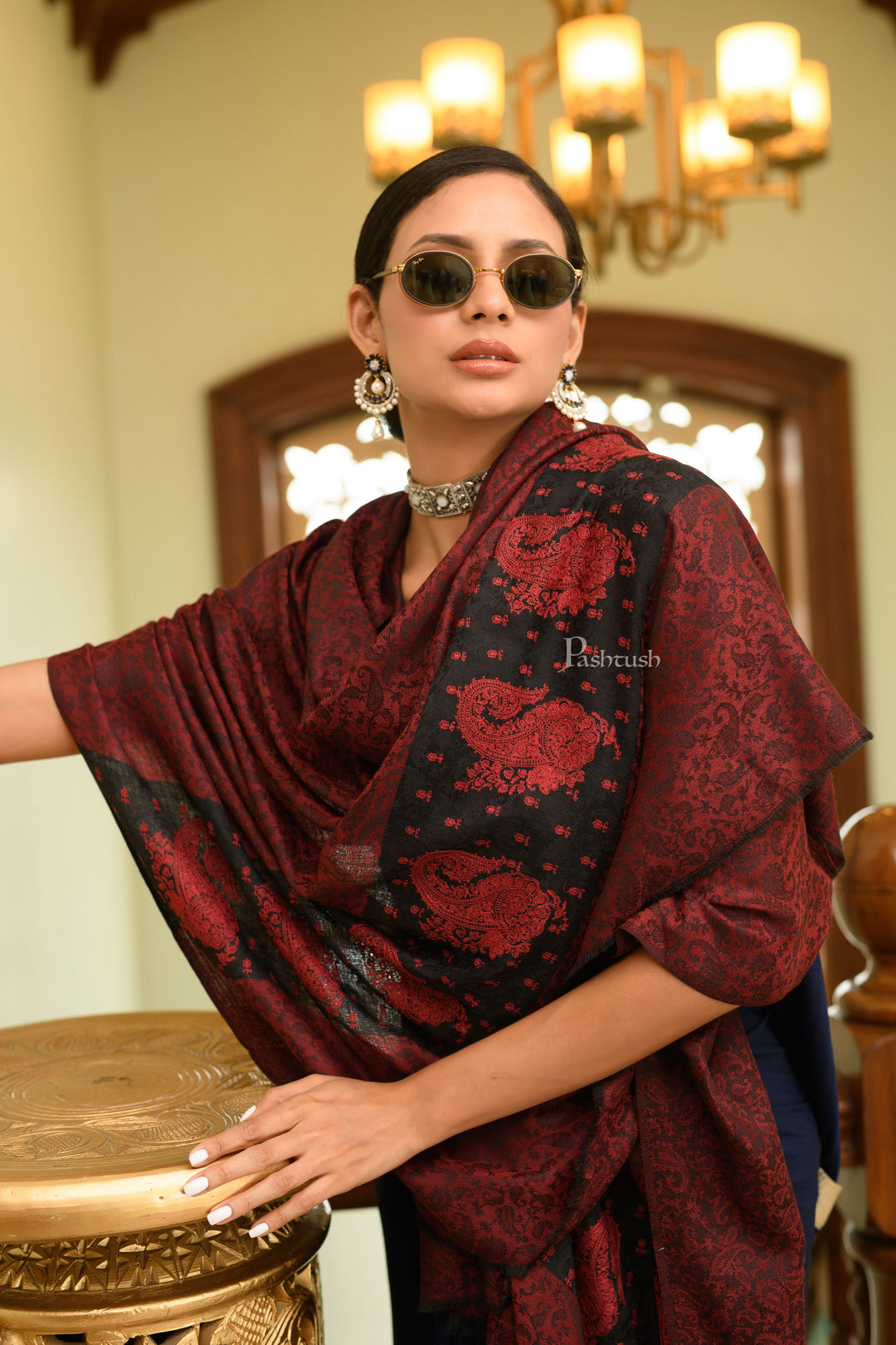 Pashtush India Womens Shawls Pashtush Womens Extra Fine Wool Shawl, Soft Tone On Tone Embroidery Design, Maroon