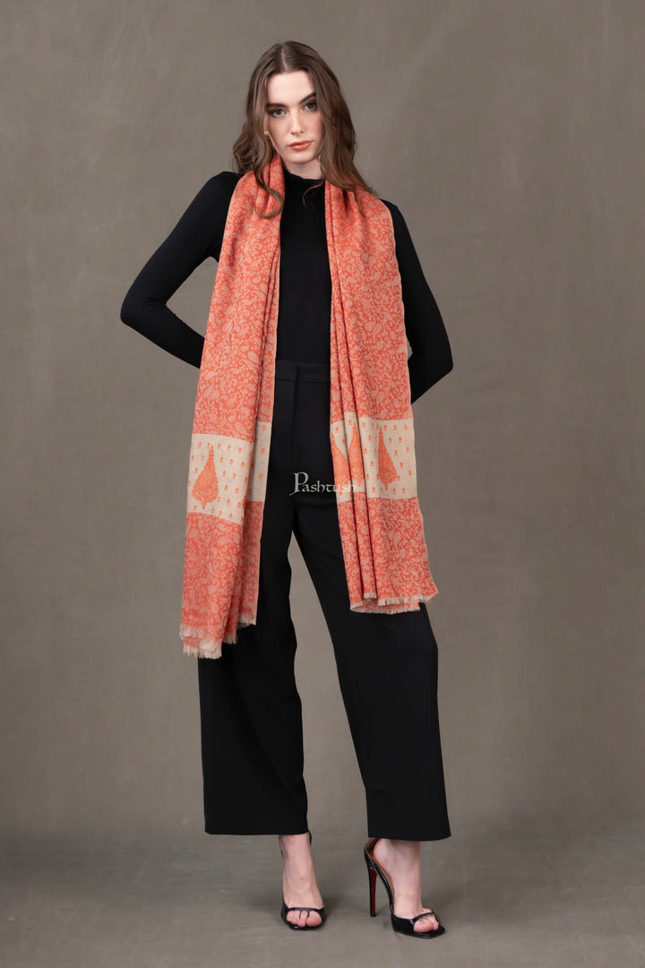 Pashtush India Womens Shawls Pashtush Womens Extra Fine Wool Shawl, Soft Tone On Tone Embroidery Design, Orange
