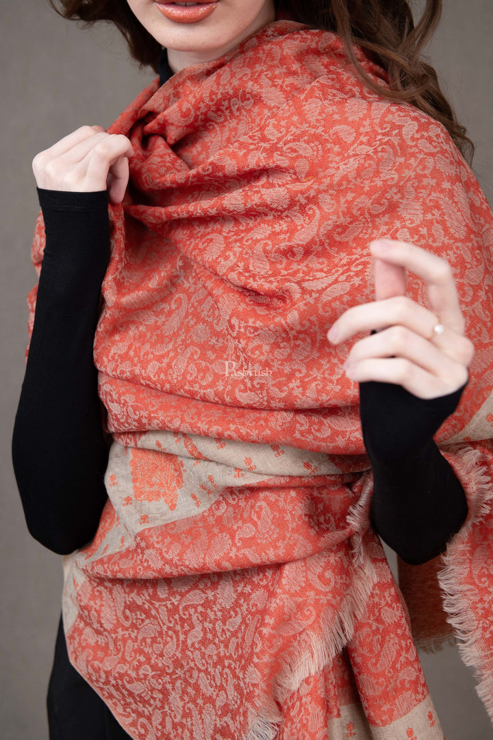 Pashtush India Womens Shawls Pashtush Womens Extra Fine Wool Shawl, Soft Tone On Tone Embroidery Design, Orange
