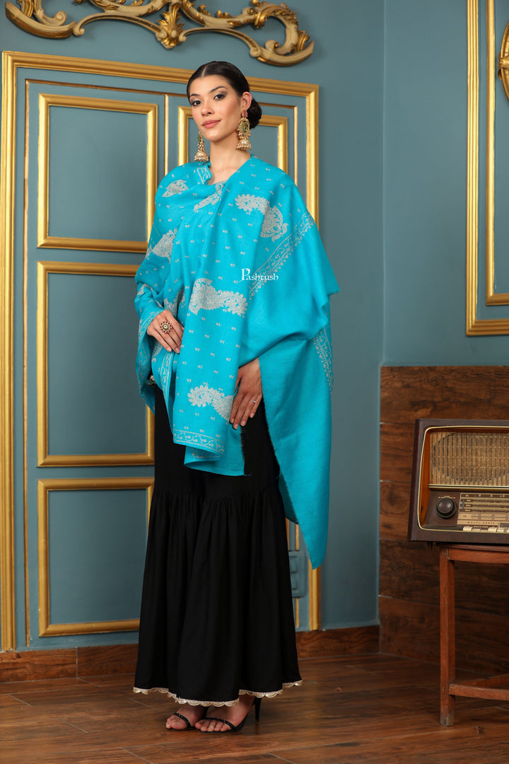 Pashtush India Womens Shawls Pashtush Womens Extra Fine Wool Shawl, Tone And Tone Ambi Design, Arabic Sea Blue