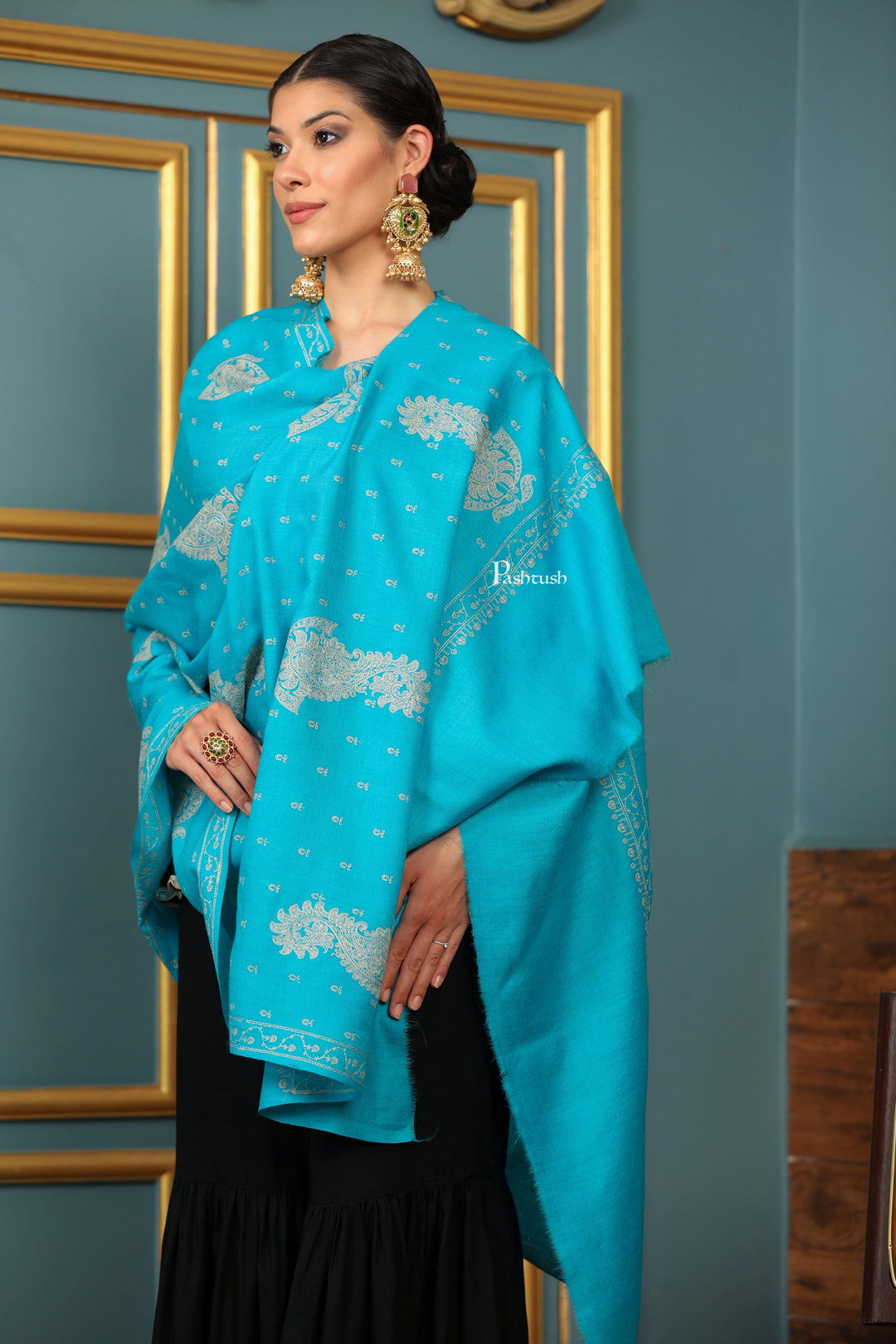 Pashtush India Womens Shawls Pashtush Womens Extra Fine Wool Shawl, Tone And Tone Ambi Design, Arabic Sea Blue