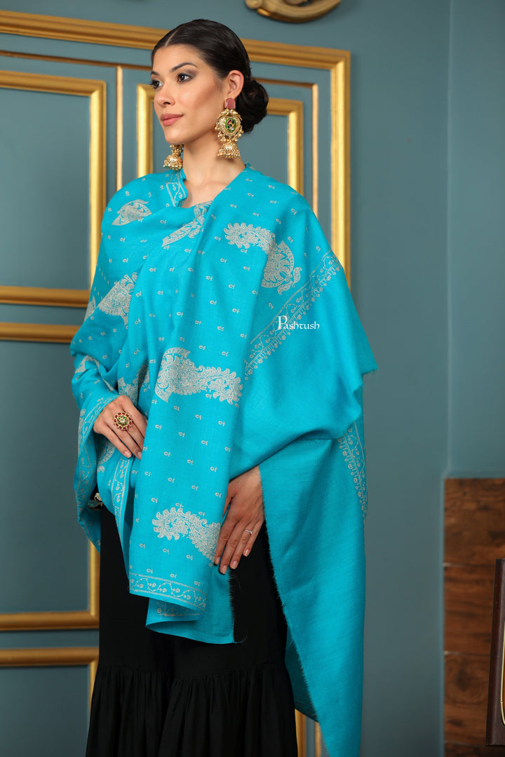 Pashtush India Womens Shawls Pashtush Womens Extra Fine Wool Shawl, Tone And Tone Ambi Design, Arabic Sea Blue