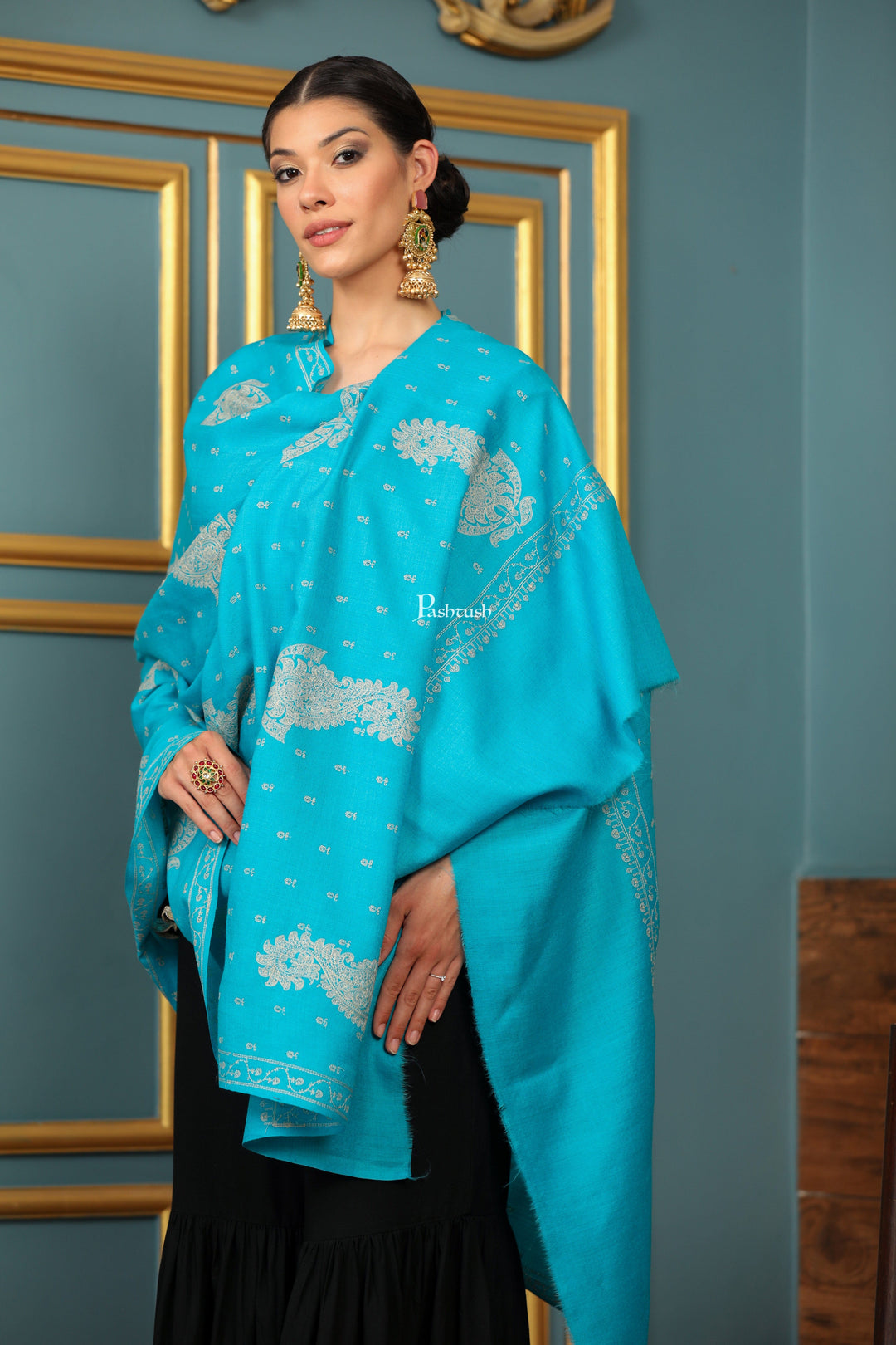 Pashtush India Womens Shawls Pashtush Womens Extra Fine Wool Shawl, Tone And Tone Ambi Design, Arabic Sea Blue