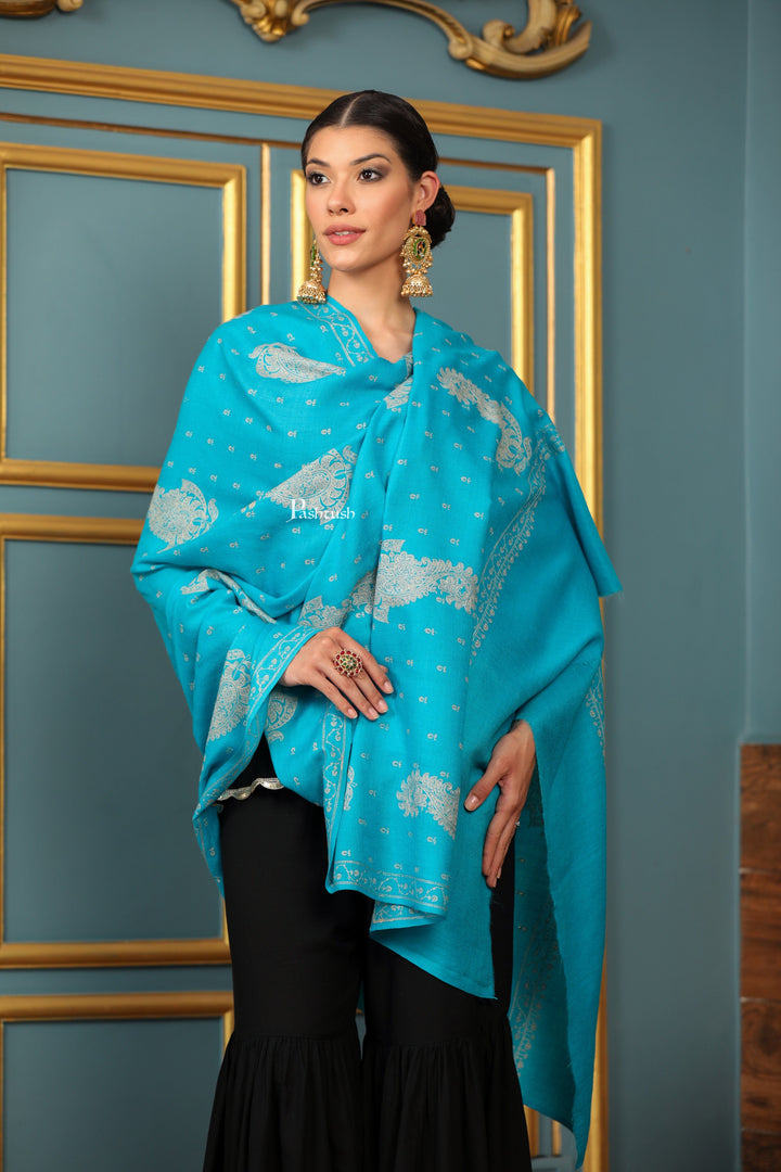 Pashtush India Womens Shawls Pashtush Womens Extra Fine Wool Shawl, Tone And Tone Ambi Design, Arabic Sea Blue