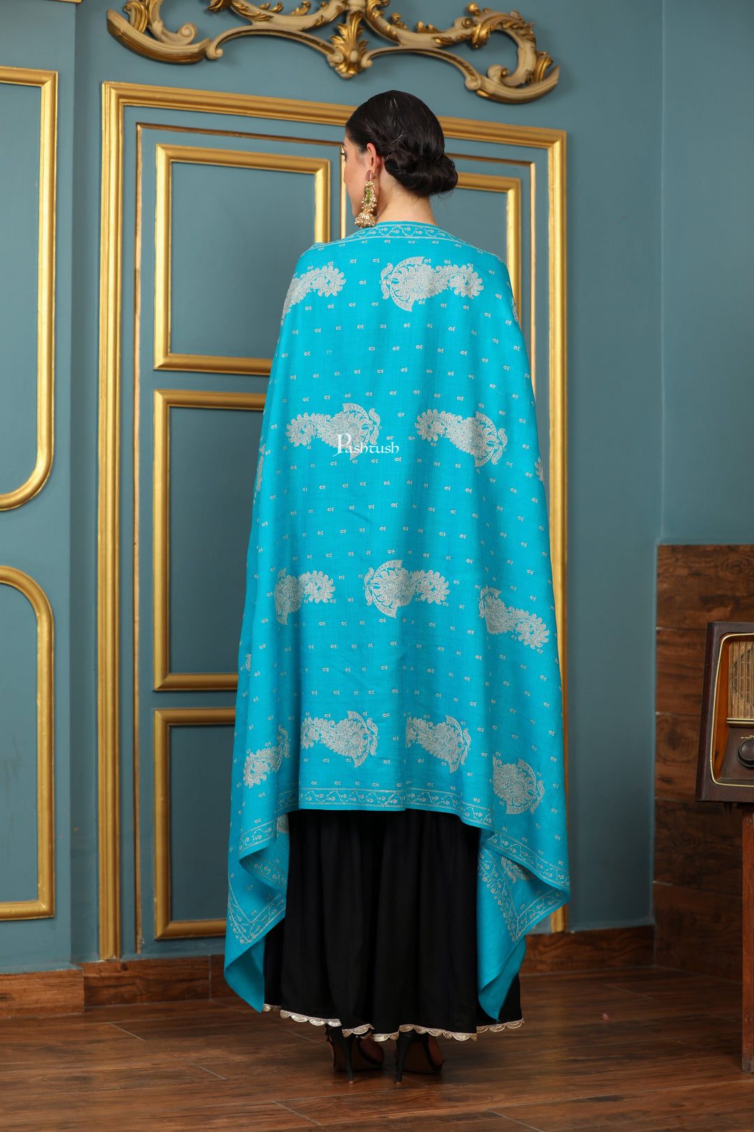 Pashtush India Womens Shawls Pashtush Womens Extra Fine Wool Shawl, Tone And Tone Ambi Design, Arabic Sea Blue