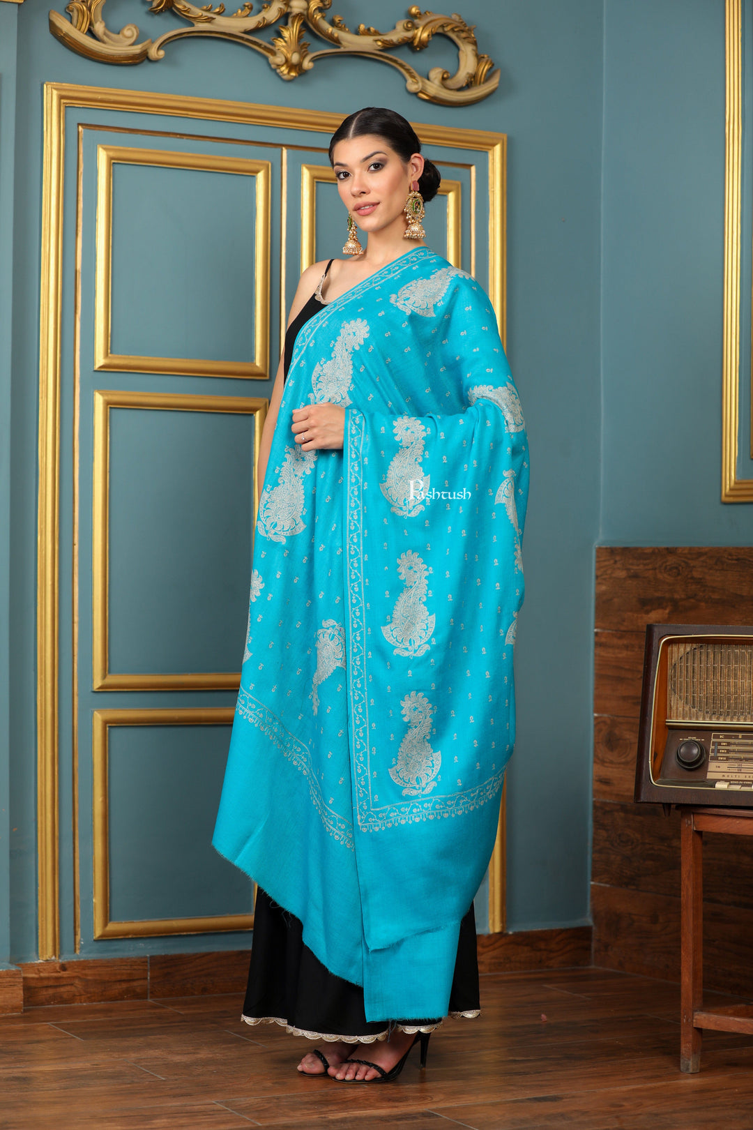 Pashtush India Womens Shawls Pashtush Womens Extra Fine Wool Shawl, Tone And Tone Ambi Design, Arabic Sea Blue