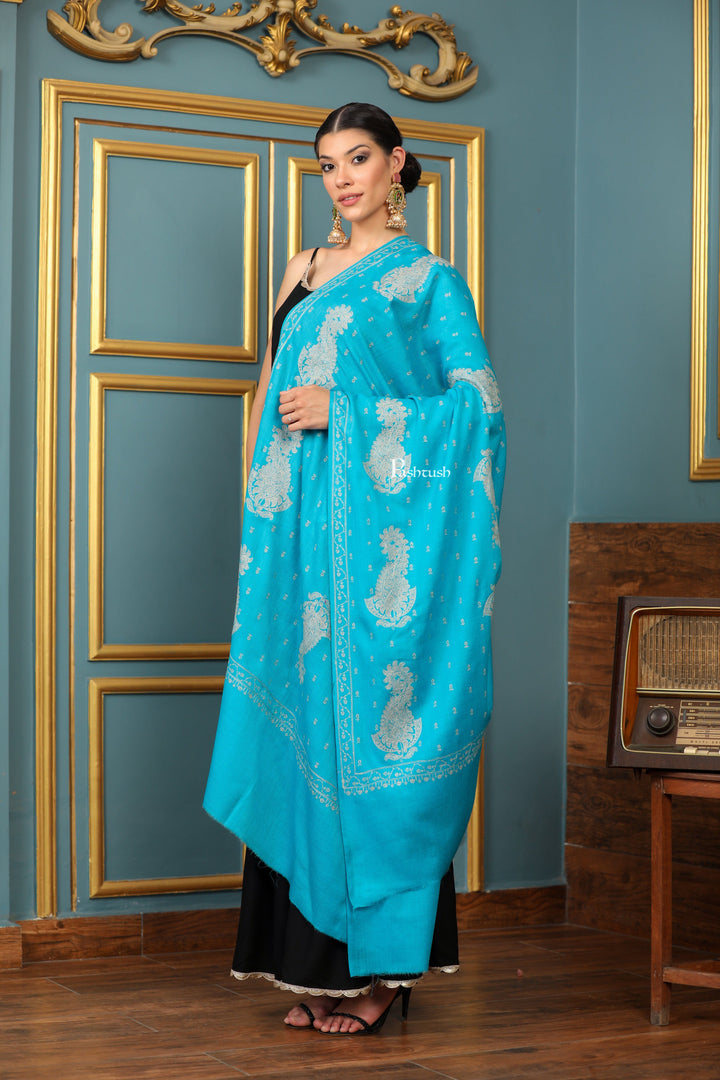 Pashtush India Womens Shawls Pashtush Womens Extra Fine Wool Shawl, Tone And Tone Ambi Design, Arabic Sea Blue