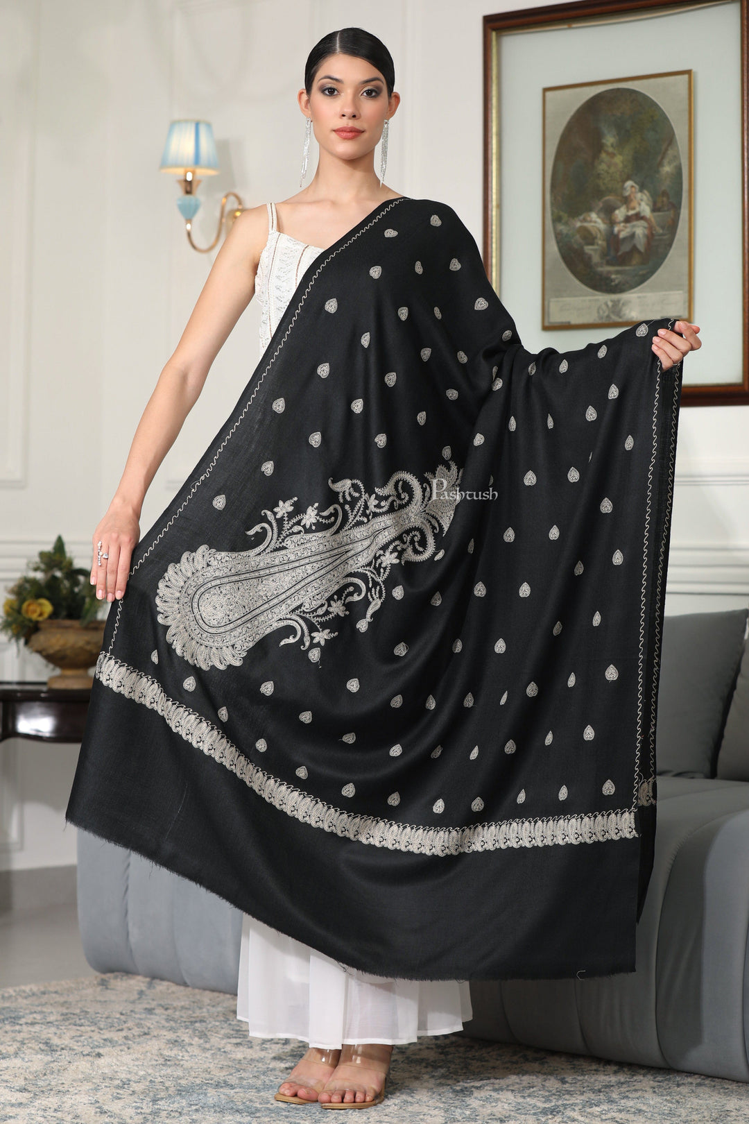 Pashtush India Womens Shawls Pashtush Womens Extra Fine Wool Shawl, Tone And Tone Ambi Design, Black