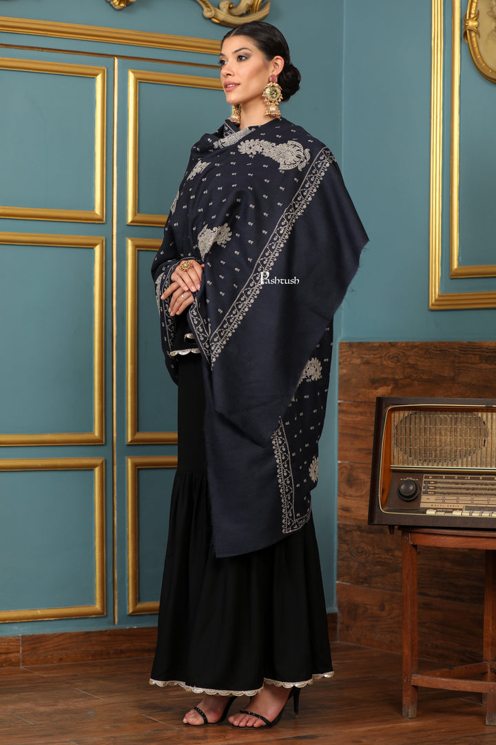 Pashtush India Womens Shawls Pashtush Womens Extra Fine Wool Shawl, Tone And Tone Ambi Design, Black