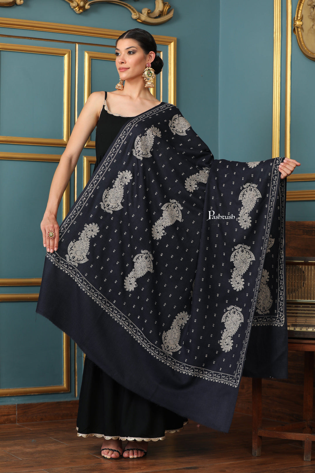 Pashtush India Womens Shawls Pashtush Womens Extra Fine Wool Shawl, Tone And Tone Ambi Design, Black