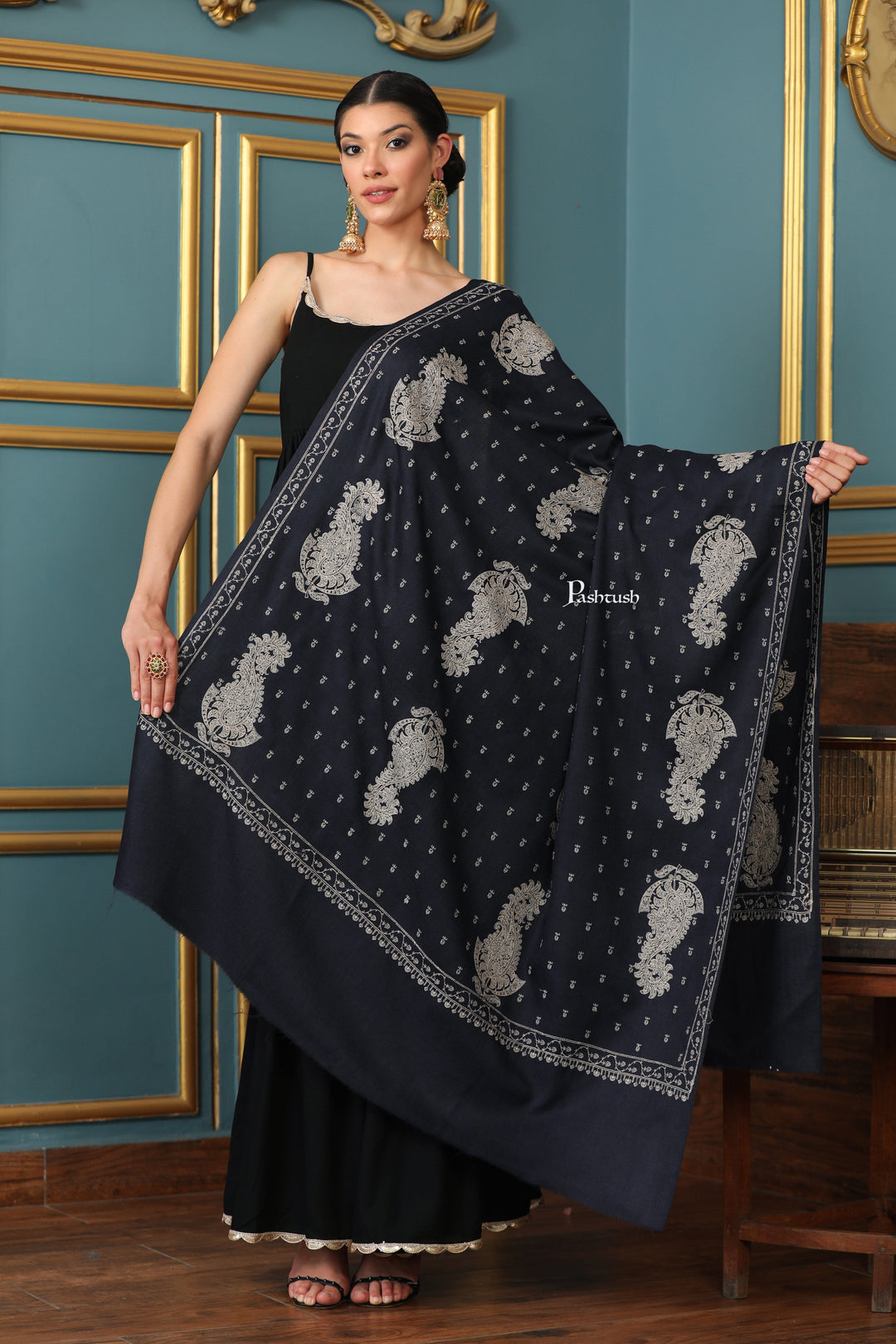 Pashtush India Womens Shawls Pashtush Womens Extra Fine Wool Shawl, Tone And Tone Ambi Design, Black