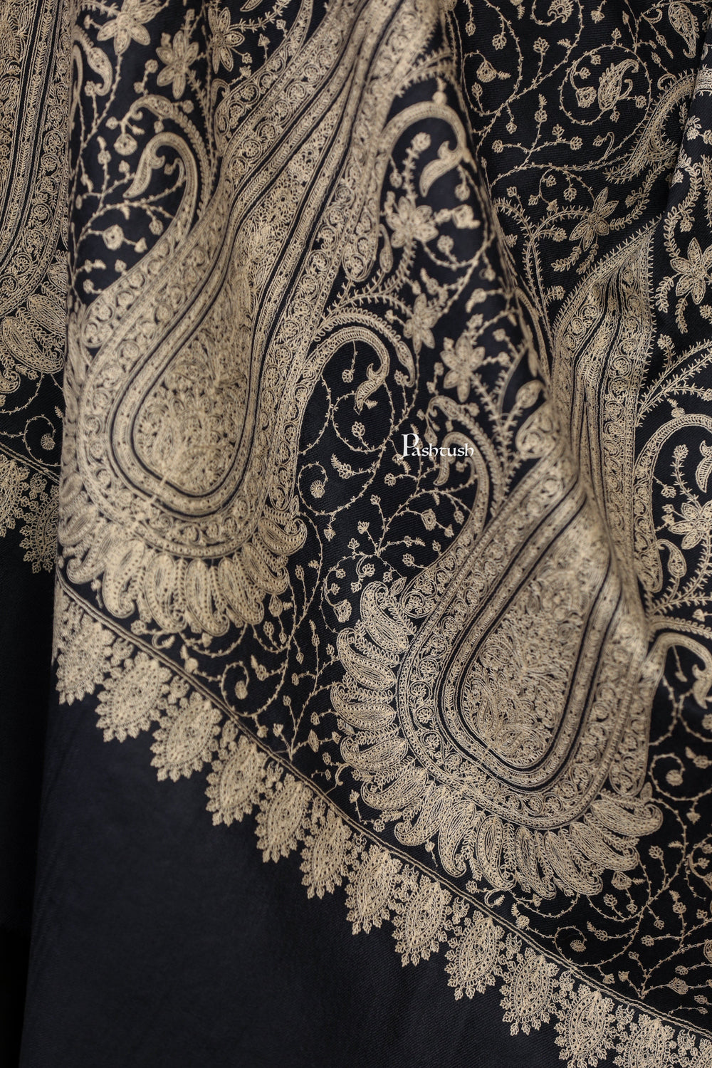 Pashtush India Womens Shawls Pashtush Womens Extra Fine Wool Shawl, Tone And Tone Ambi Design, Black
