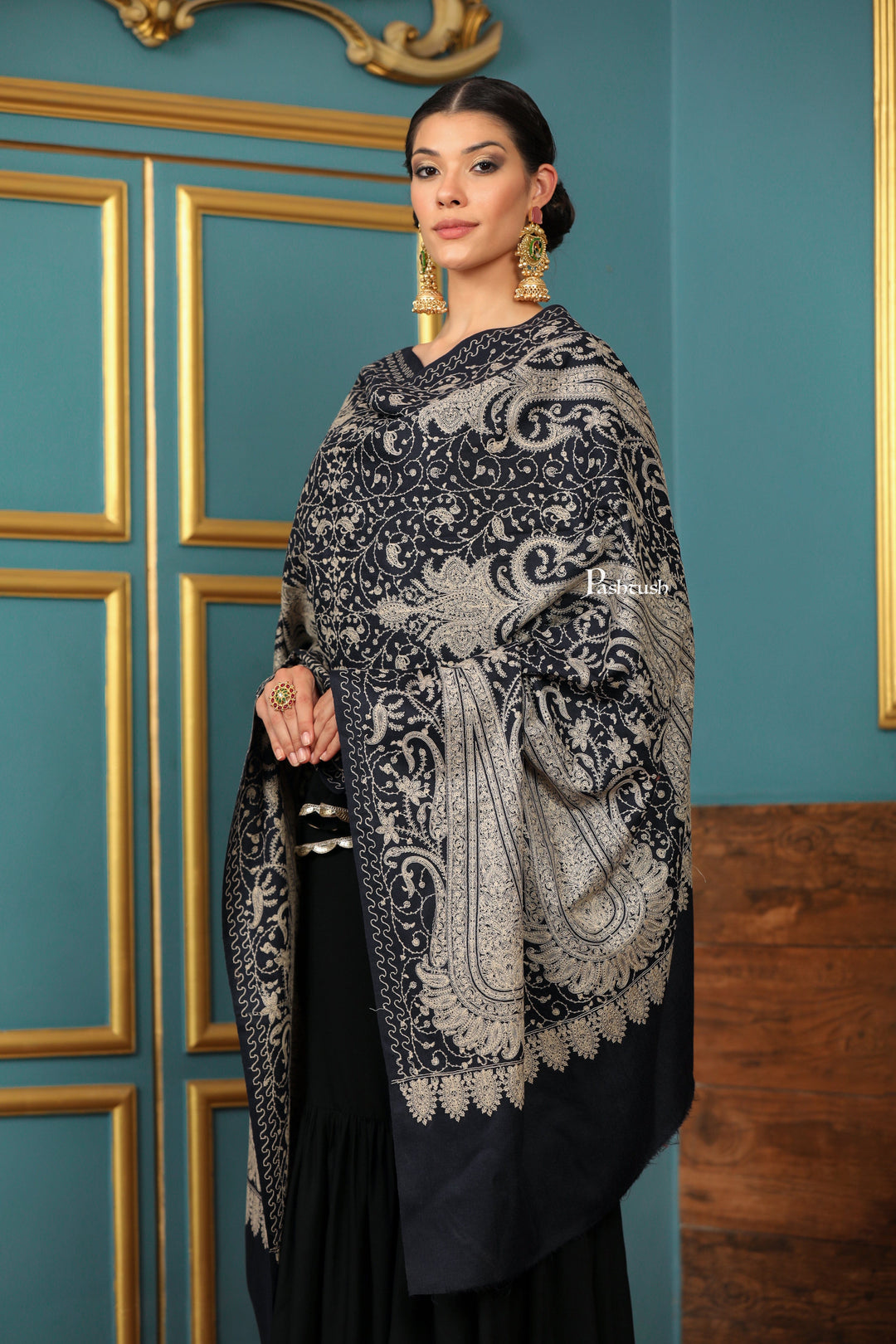 Pashtush India Womens Shawls Pashtush Womens Extra Fine Wool Shawl, Tone And Tone Ambi Design, Black