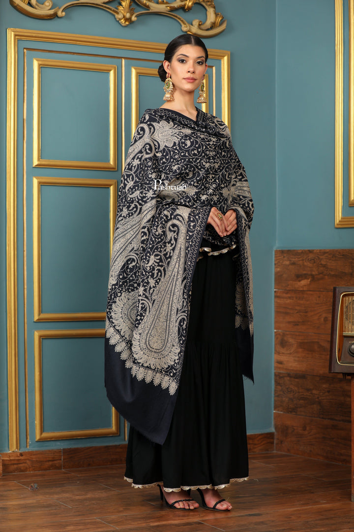 Pashtush India Womens Shawls Pashtush Womens Extra Fine Wool Shawl, Tone And Tone Ambi Design, Black