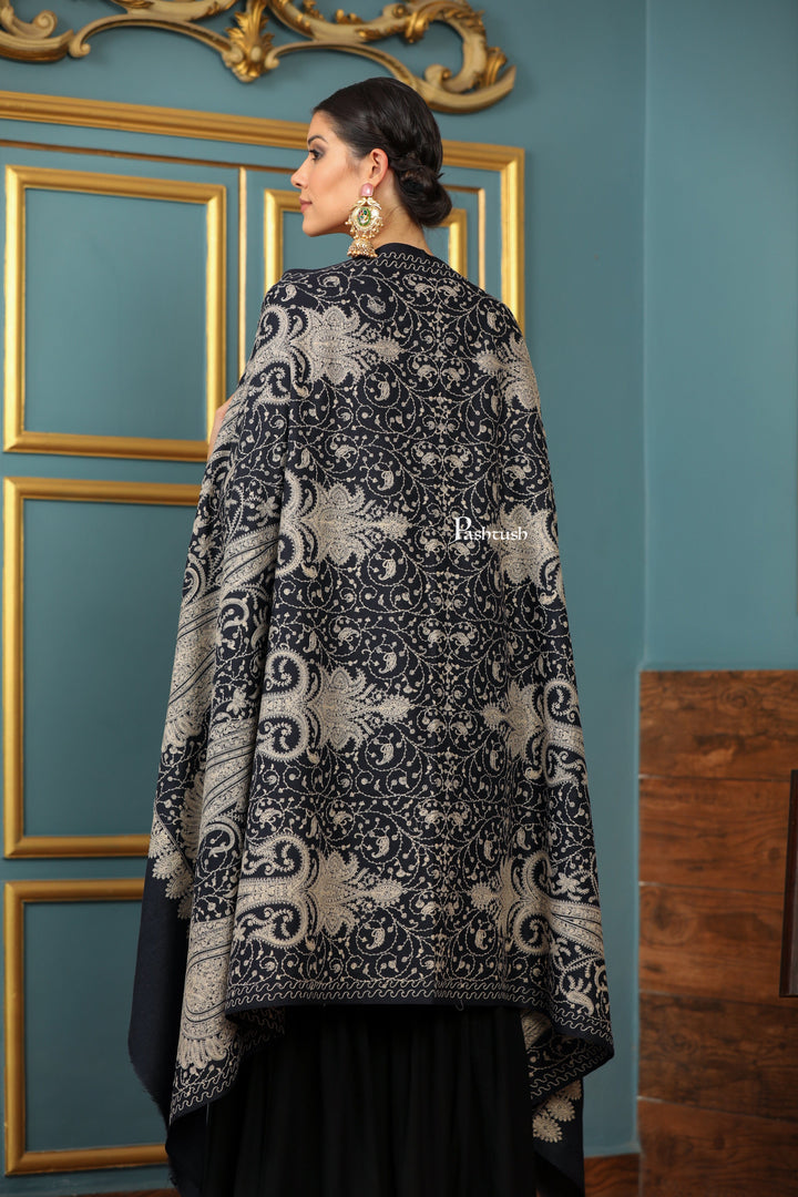 Pashtush India Womens Shawls Pashtush Womens Extra Fine Wool Shawl, Tone And Tone Ambi Design, Black