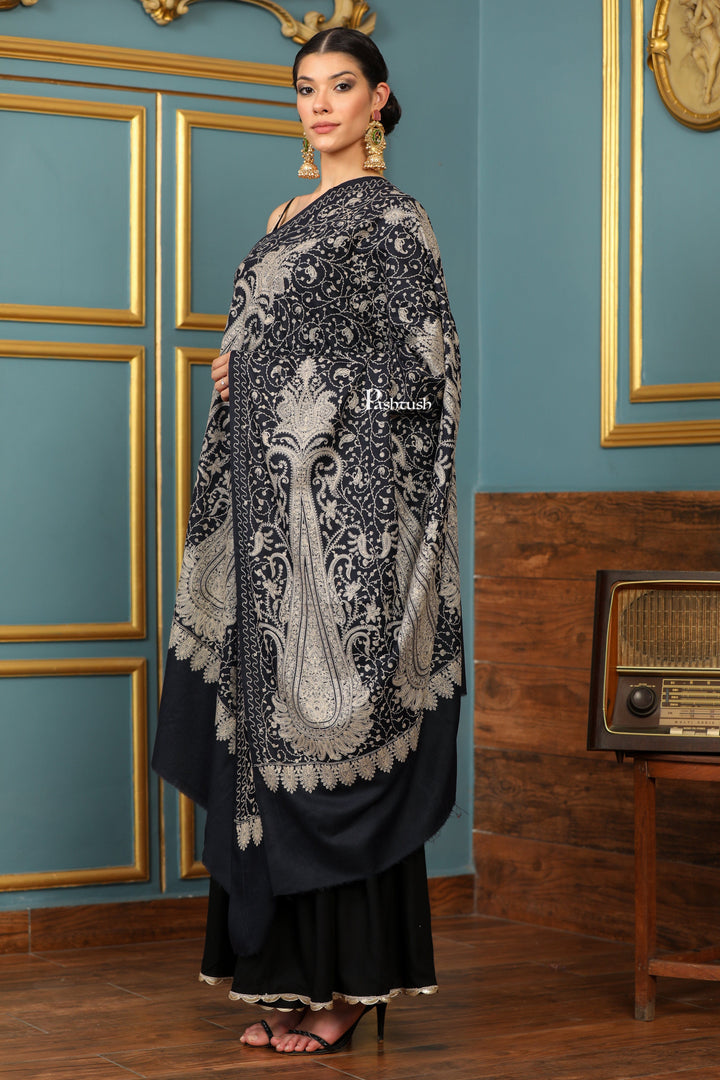 Pashtush India Womens Shawls Pashtush Womens Extra Fine Wool Shawl, Tone And Tone Ambi Design, Black