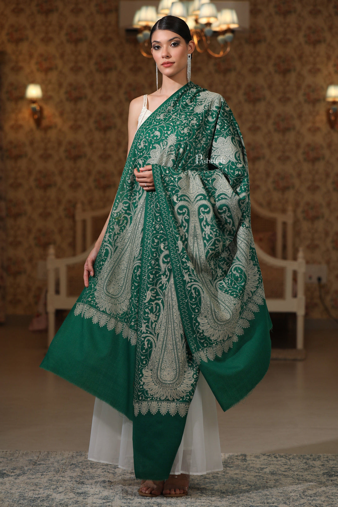 Pashtush India Womens Shawls Pashtush Womens Extra Fine Wool Shawl, Tone And Tone Ambi Design, Green