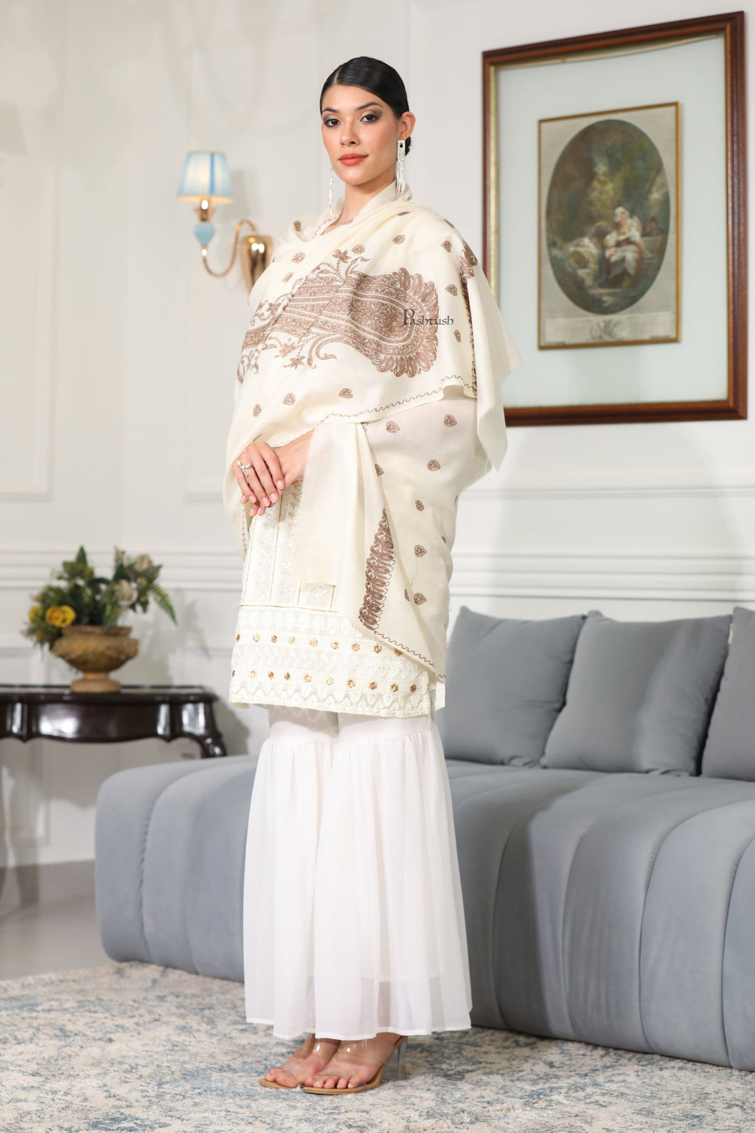 Pashtush India Womens Shawls Pashtush Womens Extra Fine Wool Shawl, Tone And Tone Ambi Design, Ivory