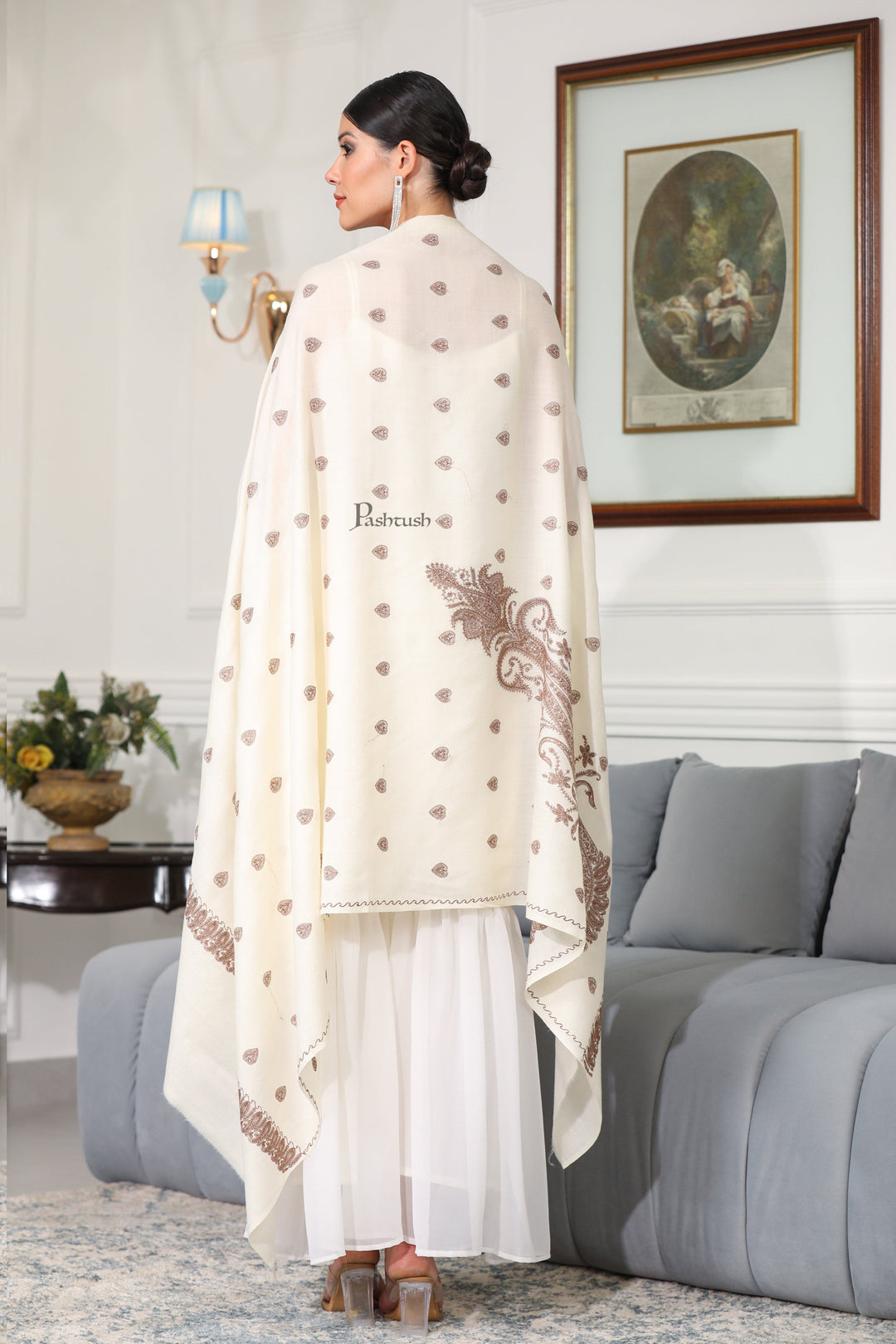 Pashtush India Womens Shawls Pashtush Womens Extra Fine Wool Shawl, Tone And Tone Ambi Design, Ivory