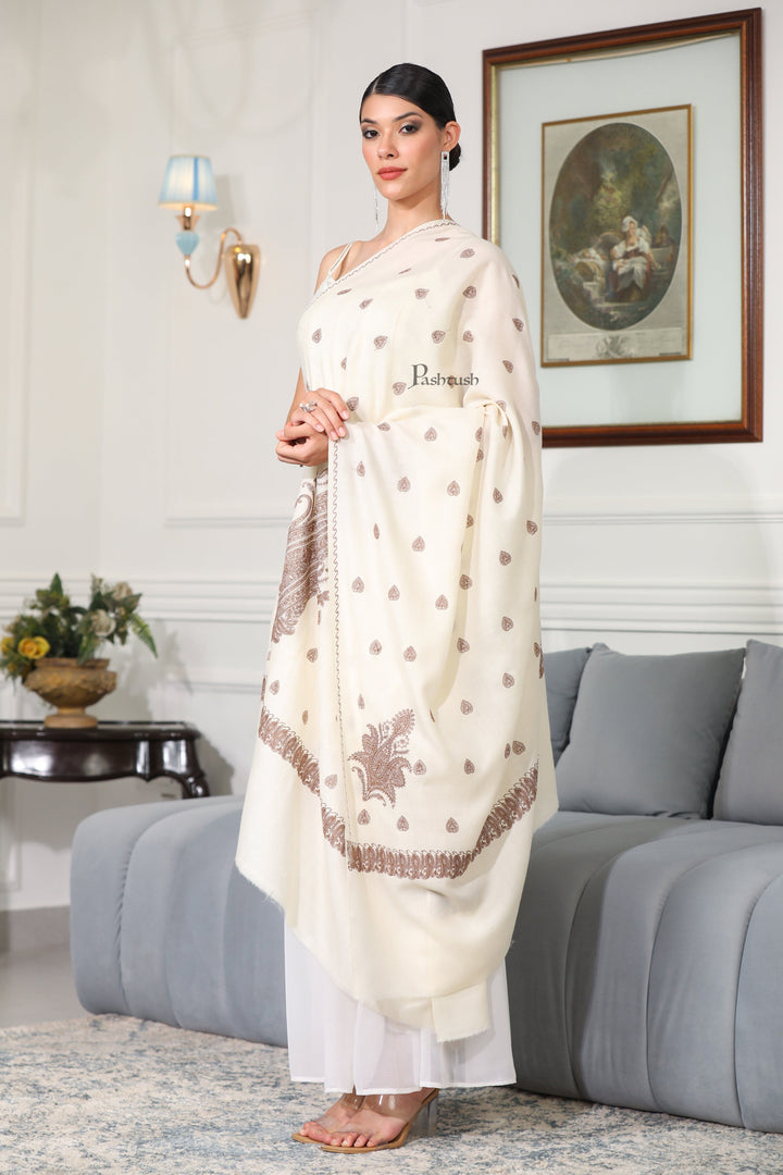 Pashtush India Womens Shawls Pashtush Womens Extra Fine Wool Shawl, Tone And Tone Ambi Design, Ivory