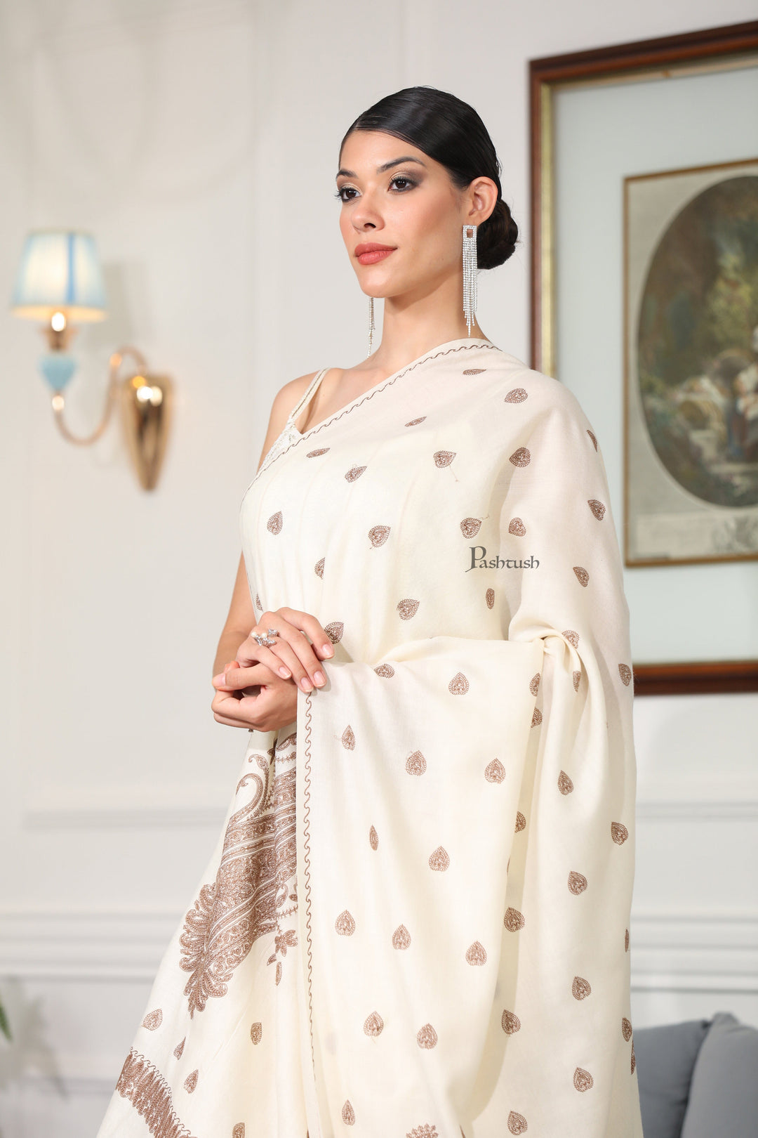 Pashtush India Womens Shawls Pashtush Womens Extra Fine Wool Shawl, Tone And Tone Ambi Design, Ivory