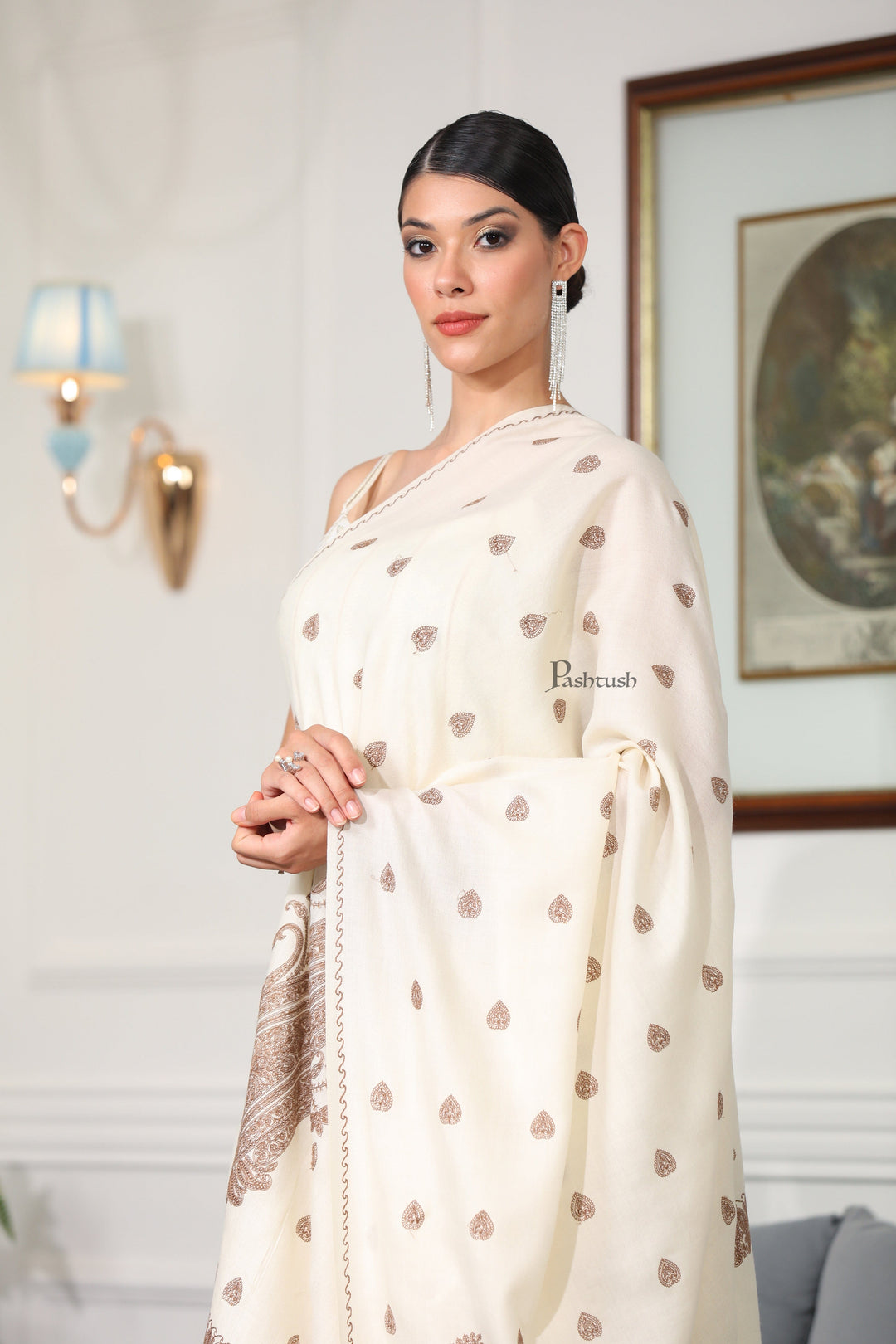 Pashtush India Womens Shawls Pashtush Womens Extra Fine Wool Shawl, Tone And Tone Ambi Design, Ivory