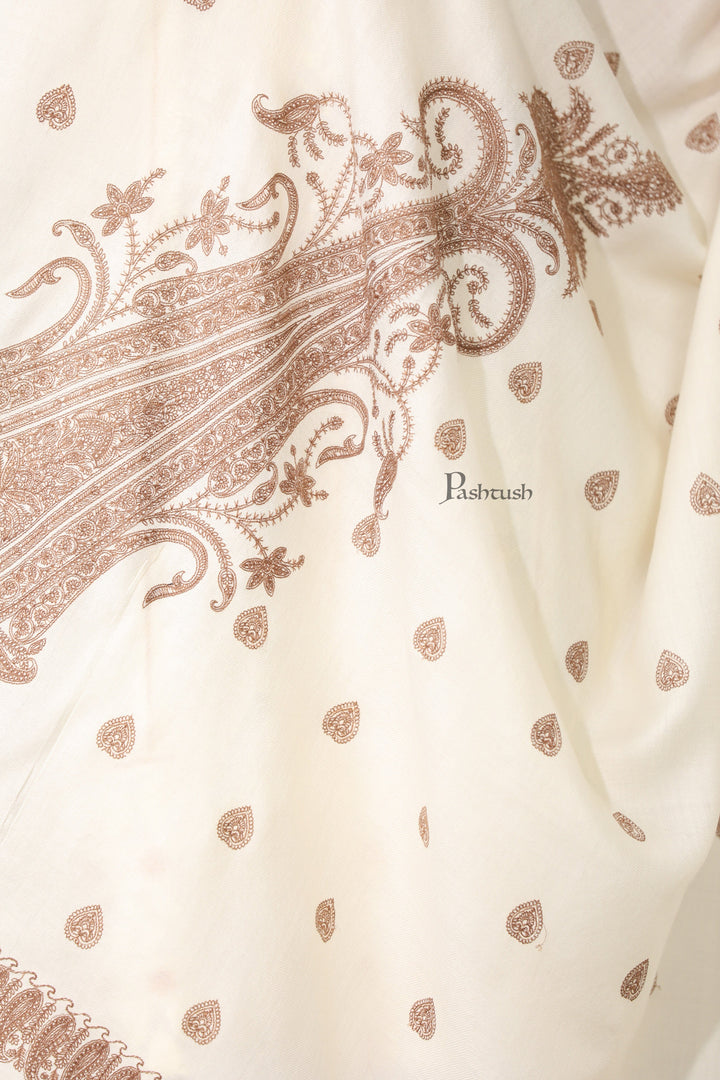 Pashtush India Womens Shawls Pashtush Womens Extra Fine Wool Shawl, Tone And Tone Ambi Design, Ivory