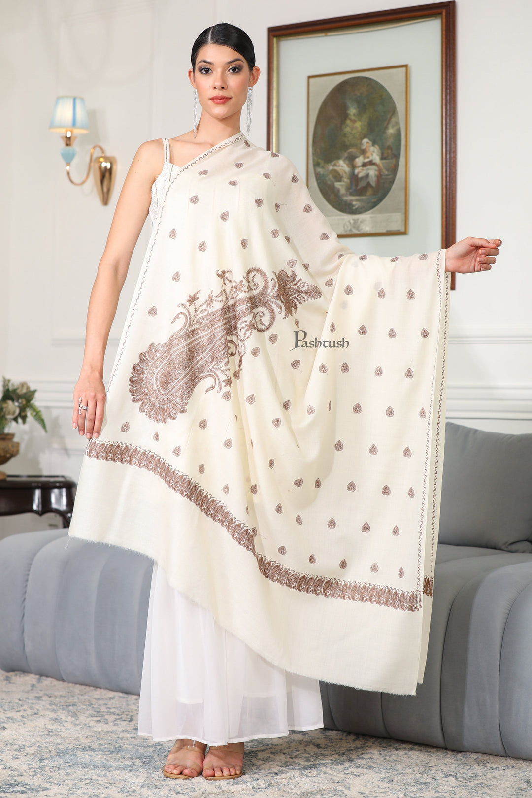 Pashtush India Womens Shawls Pashtush Womens Extra Fine Wool Shawl, Tone And Tone Ambi Design, Ivory