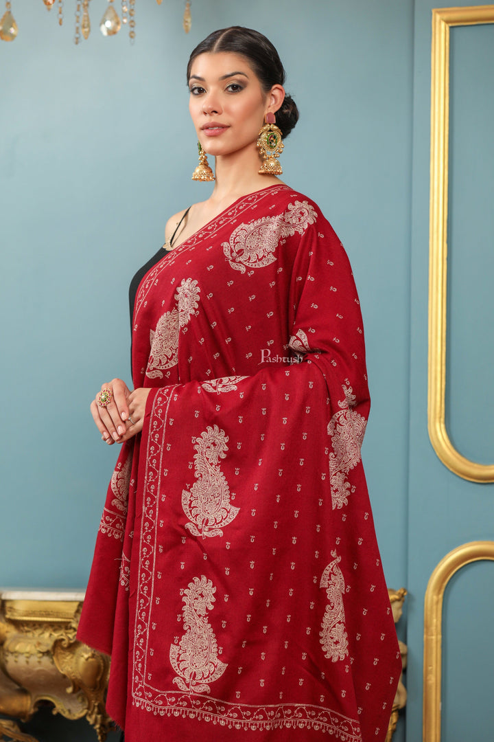 Pashtush India Womens Shawls Pashtush Womens Extra Fine Wool Shawl, Tone And Tone Ambi Design, Maroon