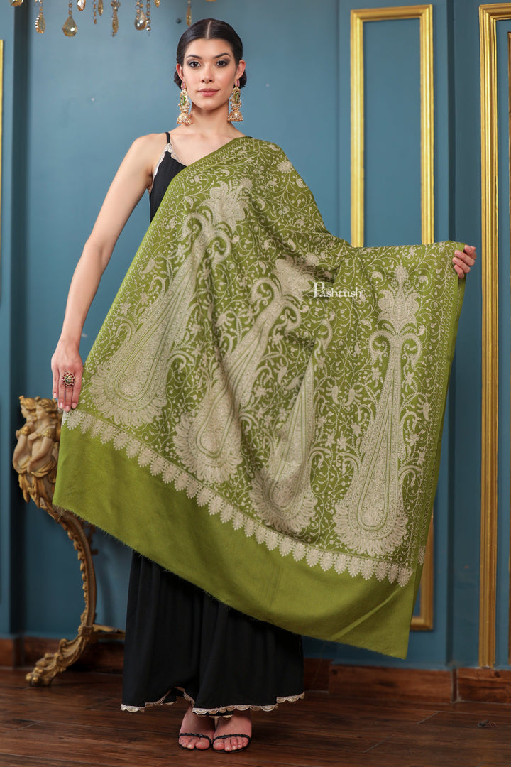 Pashtush India Womens Shawls Pashtush Womens Extra Fine Wool Shawl, Tone And Tone Ambi Design, Olive-green