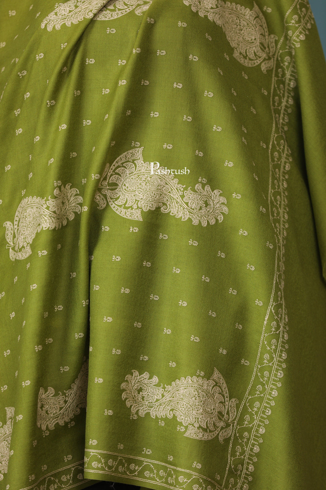 Pashtush India Womens Shawls Pashtush Womens Extra Fine Wool Shawl, Tone And Tone Ambi Design, Olive Green