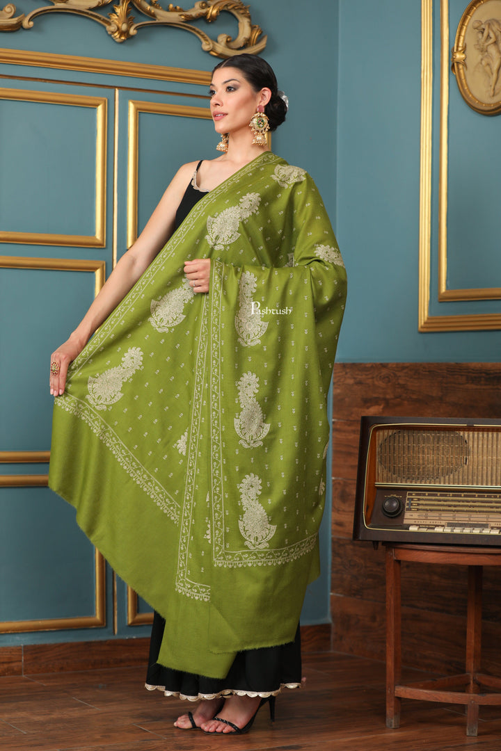 Pashtush India Womens Shawls Pashtush Womens Extra Fine Wool Shawl, Tone And Tone Ambi Design, Olive Green