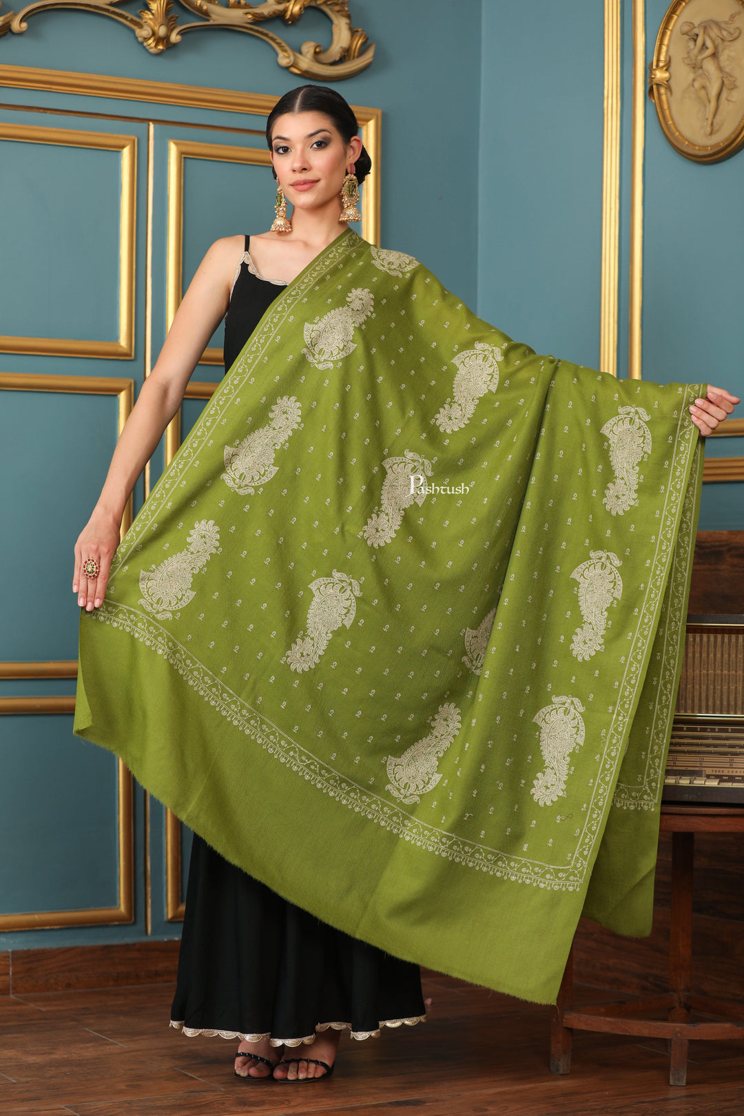 Pashtush India Womens Shawls Pashtush Womens Extra Fine Wool Shawl, Tone And Tone Ambi Design, Olive Green