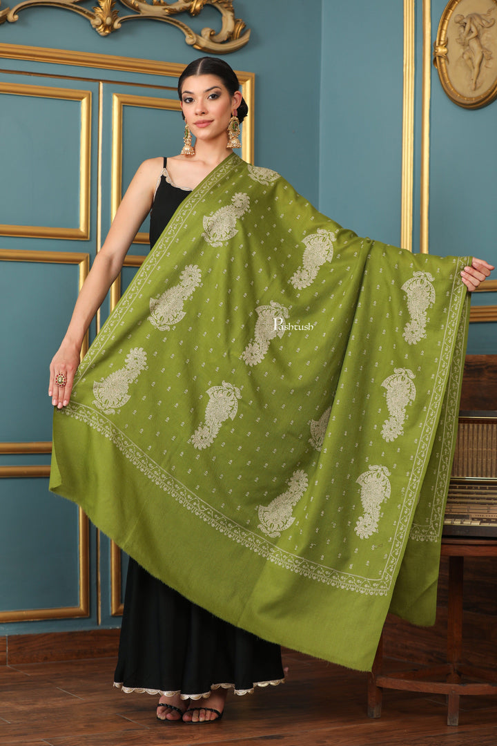 Pashtush India Womens Shawls Pashtush Womens Extra Fine Wool Shawl, Tone And Tone Ambi Design, Olive Green