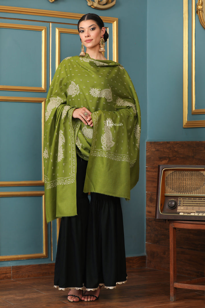 Pashtush India Womens Shawls Pashtush Womens Extra Fine Wool Shawl, Tone And Tone Ambi Design, Olive Green