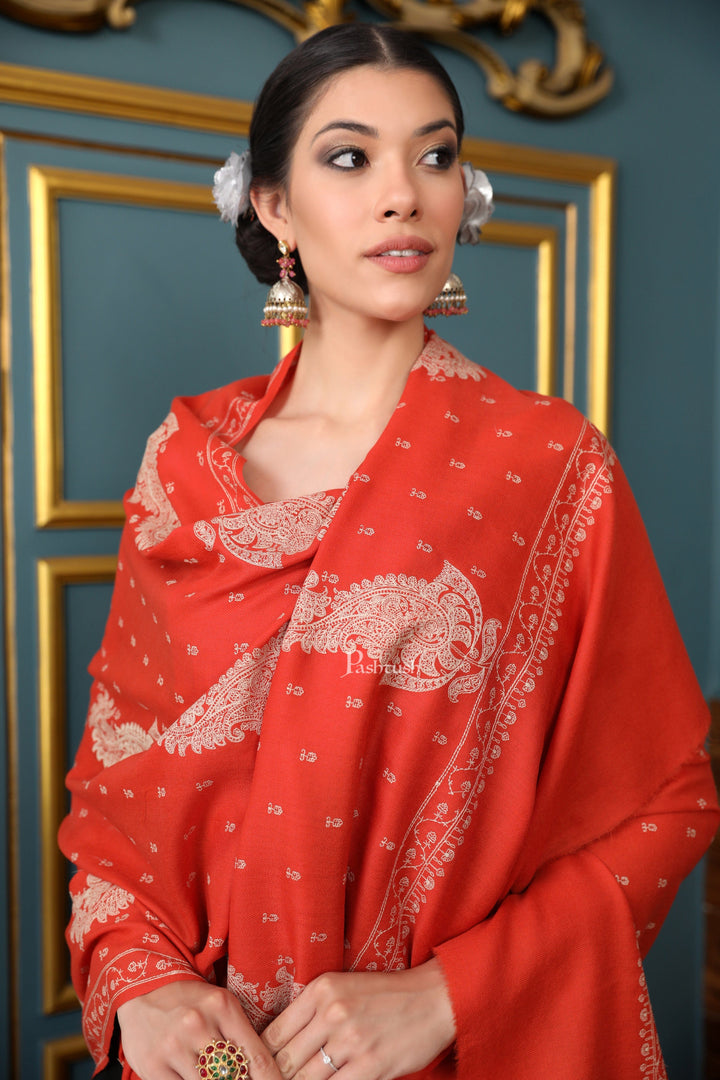 Pashtush India Womens Shawls Pashtush Womens Extra Fine Wool Shawl, Tone And Tone Ambi Design, Orange