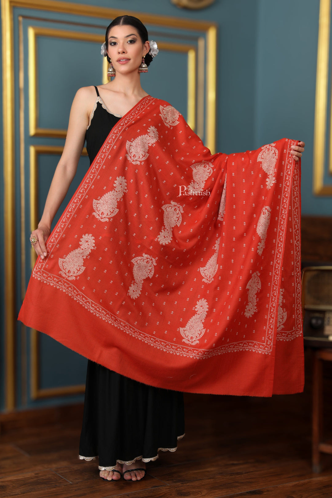 Pashtush India Womens Shawls Pashtush Womens Extra Fine Wool Shawl, Tone And Tone Ambi Design, Orange