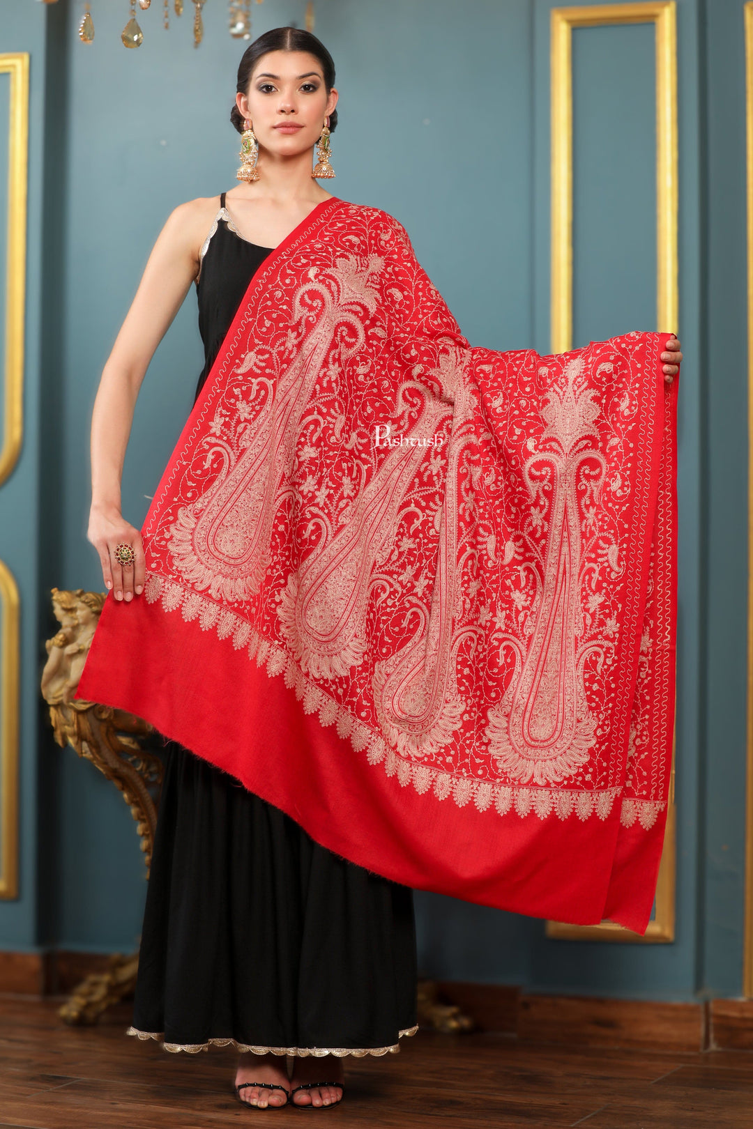 Pashtush India Womens Shawls Pashtush Womens Extra Fine Wool Shawl, Tone And Tone Ambi Design, Red