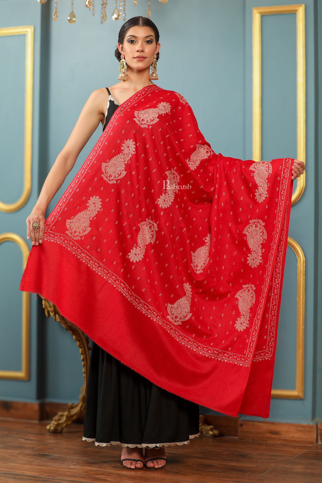 Pashtush India Womens Shawls Pashtush Womens Extra Fine Wool Shawl, Tone And Tone Ambi Design, Red