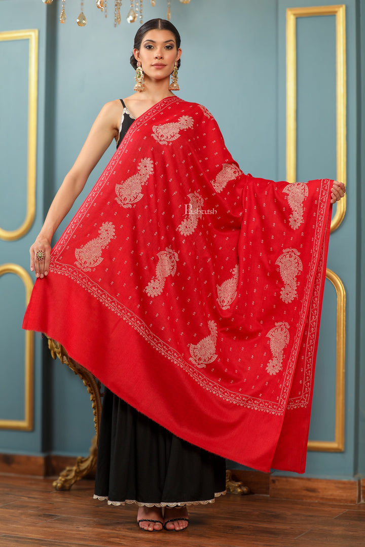Pashtush India Womens Shawls Pashtush Womens Extra Fine Wool Shawl, Tone And Tone Ambi Design, Red