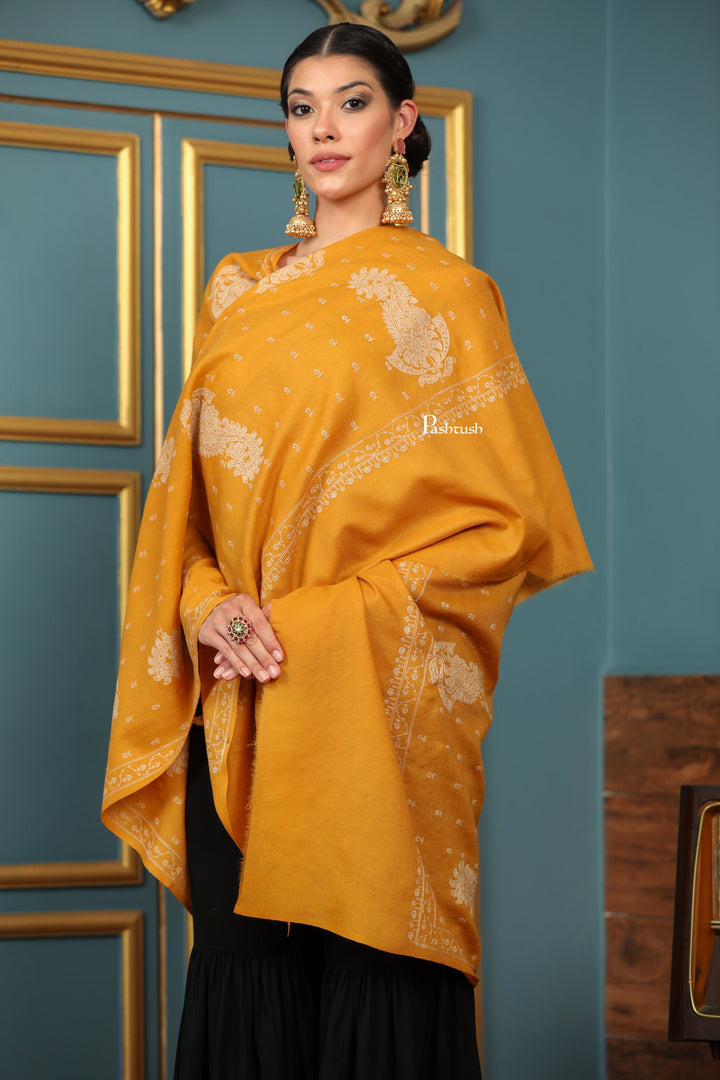 Pashtush India Womens Shawls Pashtush Womens Extra Fine Wool Shawl, Tone And Tone Ambi Design, Yellow