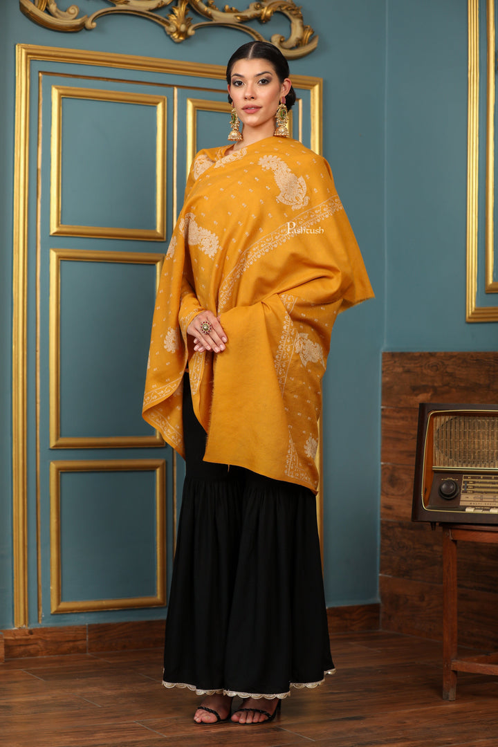 Pashtush India Womens Shawls Pashtush Womens Extra Fine Wool Shawl, Tone And Tone Ambi Design, Yellow